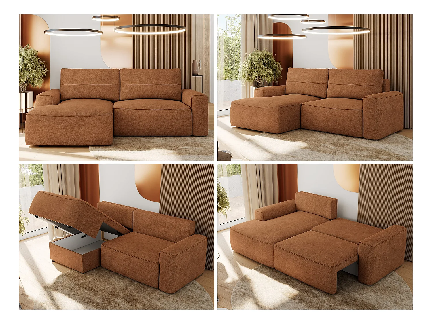 Ecksofa BELLUNO - Schlafsofa mit Bettkasten, Armlehnen, Couch L-form mit Schlaffunktion - Orange Strukture - Ecke Links