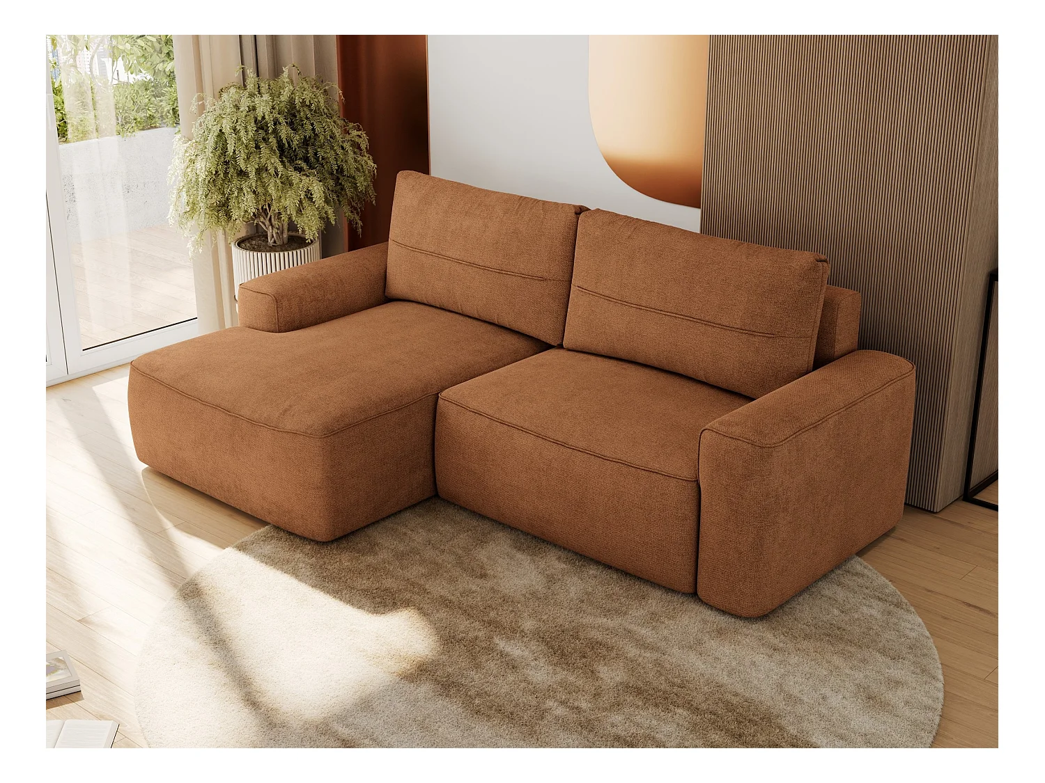 Ecksofa BELLUNO - Schlafsofa mit Bettkasten, Armlehnen, Couch L-form mit Schlaffunktion - Orange Strukture - Ecke Links