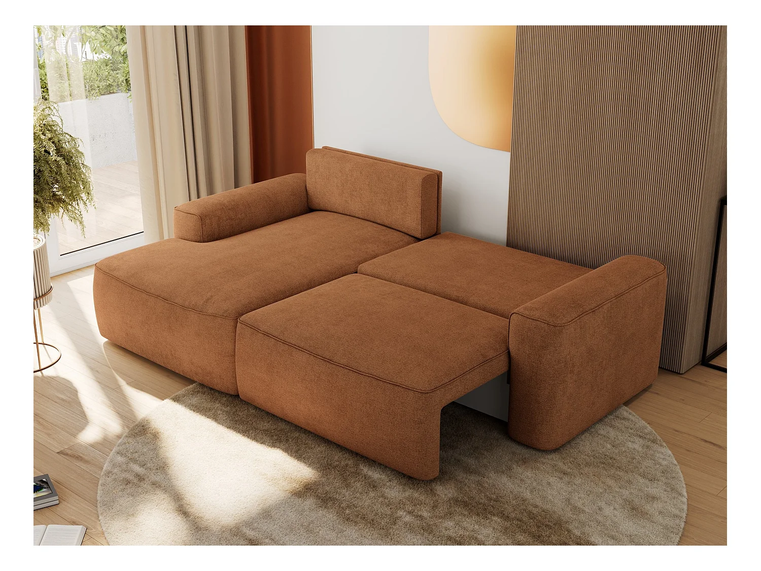Ecksofa BELLUNO - Schlafsofa mit Bettkasten, Armlehnen, Couch L-form mit Schlaffunktion - Orange Strukture - Ecke Links