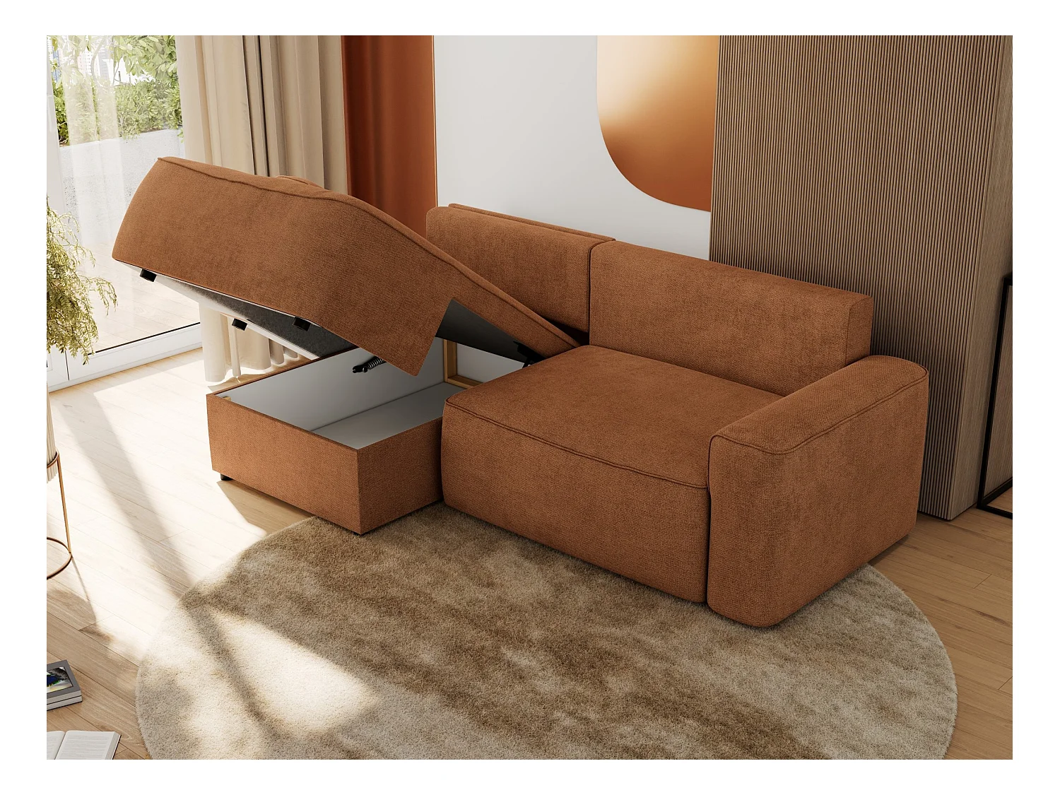 Ecksofa BELLUNO - Schlafsofa mit Bettkasten, Armlehnen, Couch L-form mit Schlaffunktion - Orange Strukture - Ecke Links