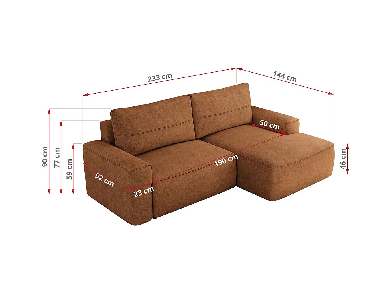 Ecksofa BELLUNO - Schlafsofa mit Bettkasten, Armlehnen, Couch L-form mit Schlaffunktion - Orange Strukture - Ecke Links
