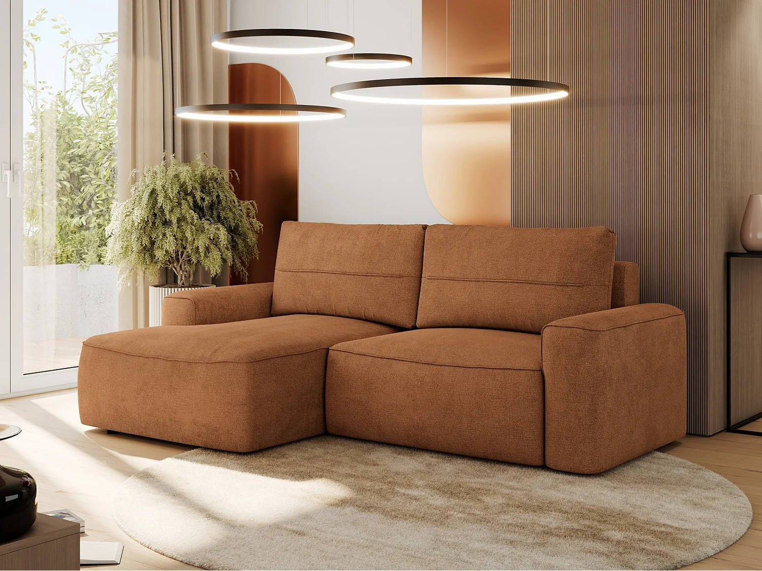 Ecksofa BELLUNO - Schlafsofa mit Bettkasten, Armlehnen, Couch L-form mit Schlaffunktion - Orange Strukture - Ecke Links