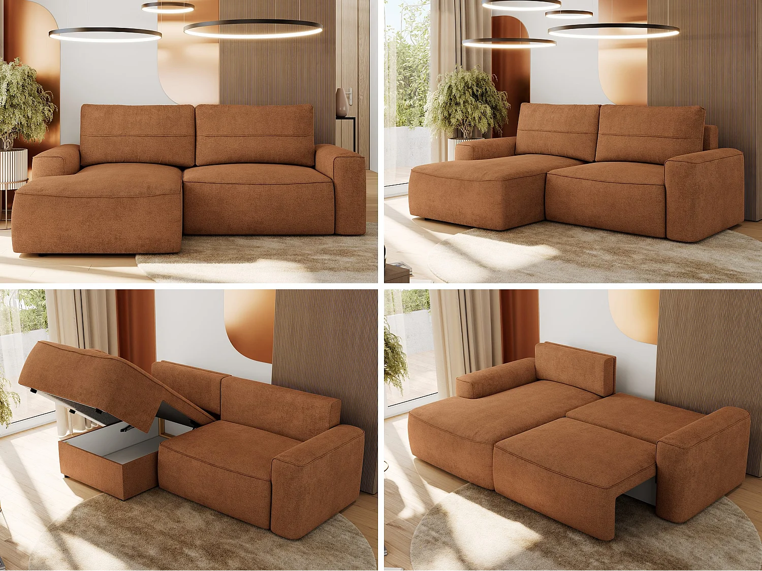 Ecksofa BELLUNO - Schlafsofa mit Bettkasten, Armlehnen, Couch L-form mit Schlaffunktion - Orange Strukture - Ecke Links