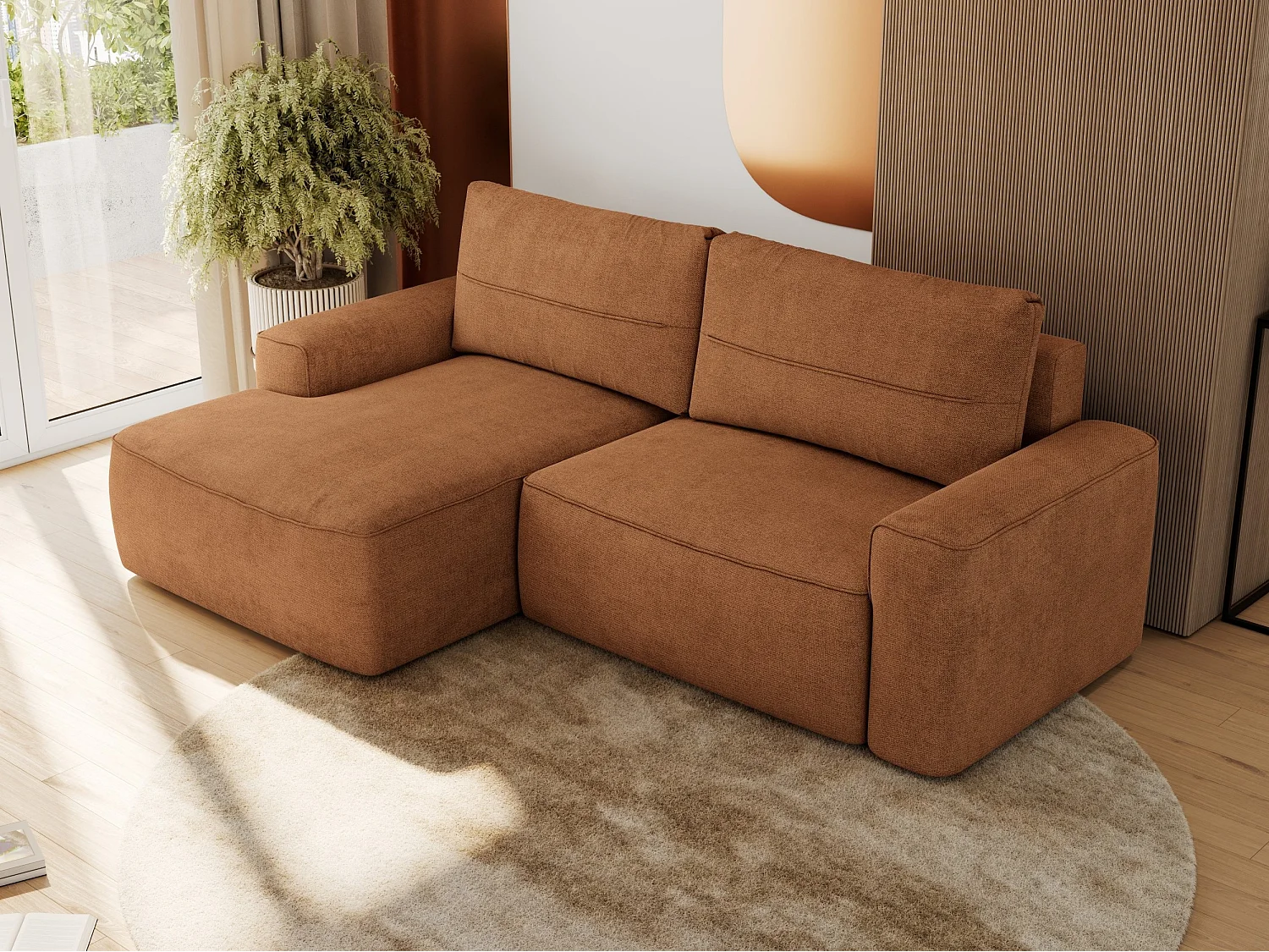 Ecksofa BELLUNO - Schlafsofa mit Bettkasten, Armlehnen, Couch L-form mit Schlaffunktion - Orange Strukture - Ecke Links