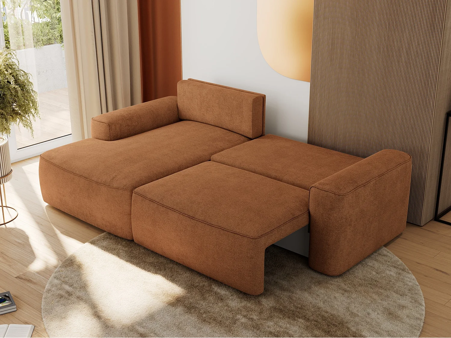 Ecksofa BELLUNO - Schlafsofa mit Bettkasten, Armlehnen, Couch L-form mit Schlaffunktion - Orange Strukture - Ecke Links