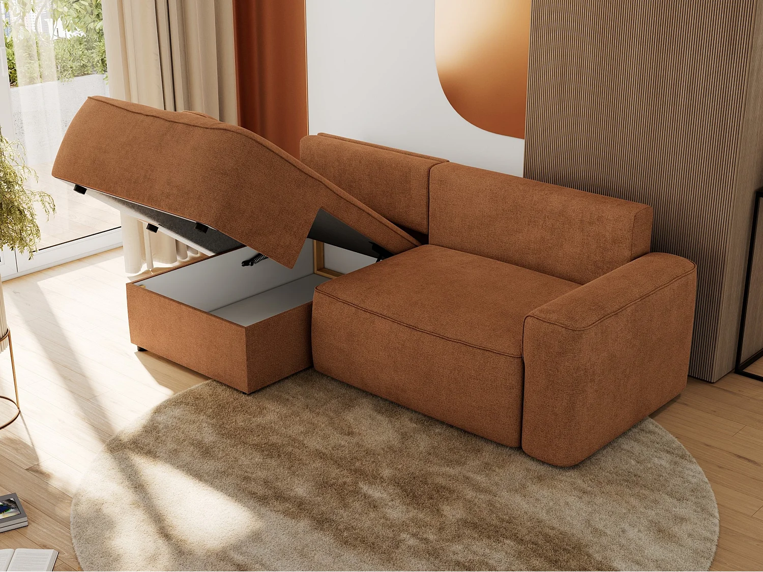 Ecksofa BELLUNO - Schlafsofa mit Bettkasten, Armlehnen, Couch L-form mit Schlaffunktion - Orange Strukture - Ecke Links