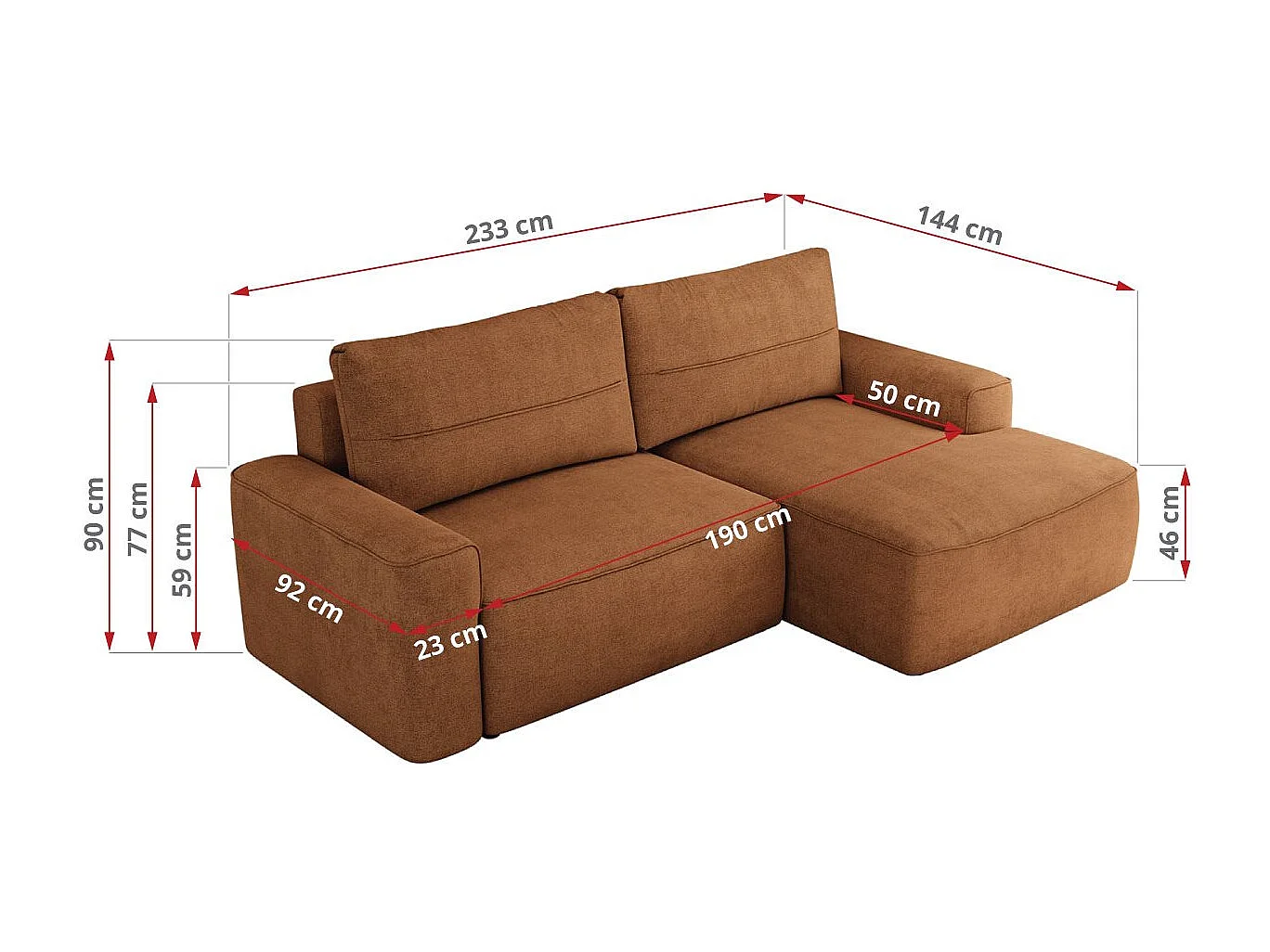 Ecksofa BELLUNO - Schlafsofa mit Bettkasten, Armlehnen, Couch L-form mit Schlaffunktion - Orange Strukture - Ecke Links