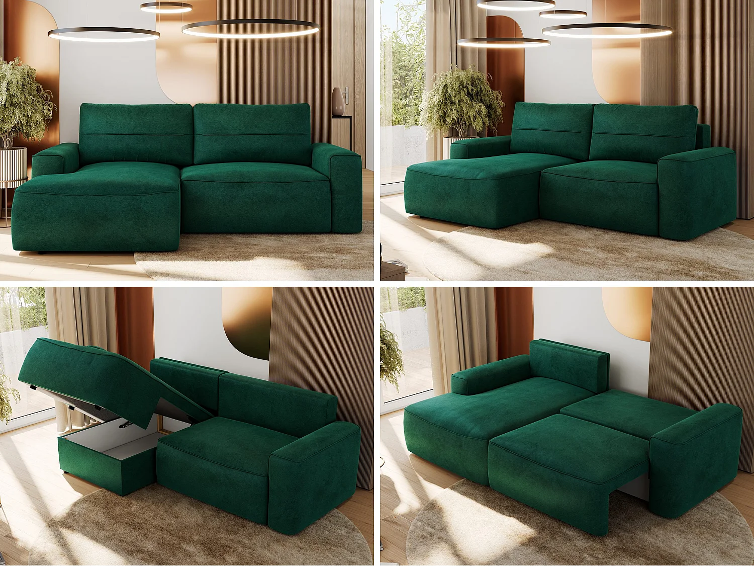 Ecksofa BELLUNO - Schlafsofa mit Bettkasten, Armlehnen, Couch L-form mit Schlaffunktion - Dunkelgrün Velvet - Ecke Links