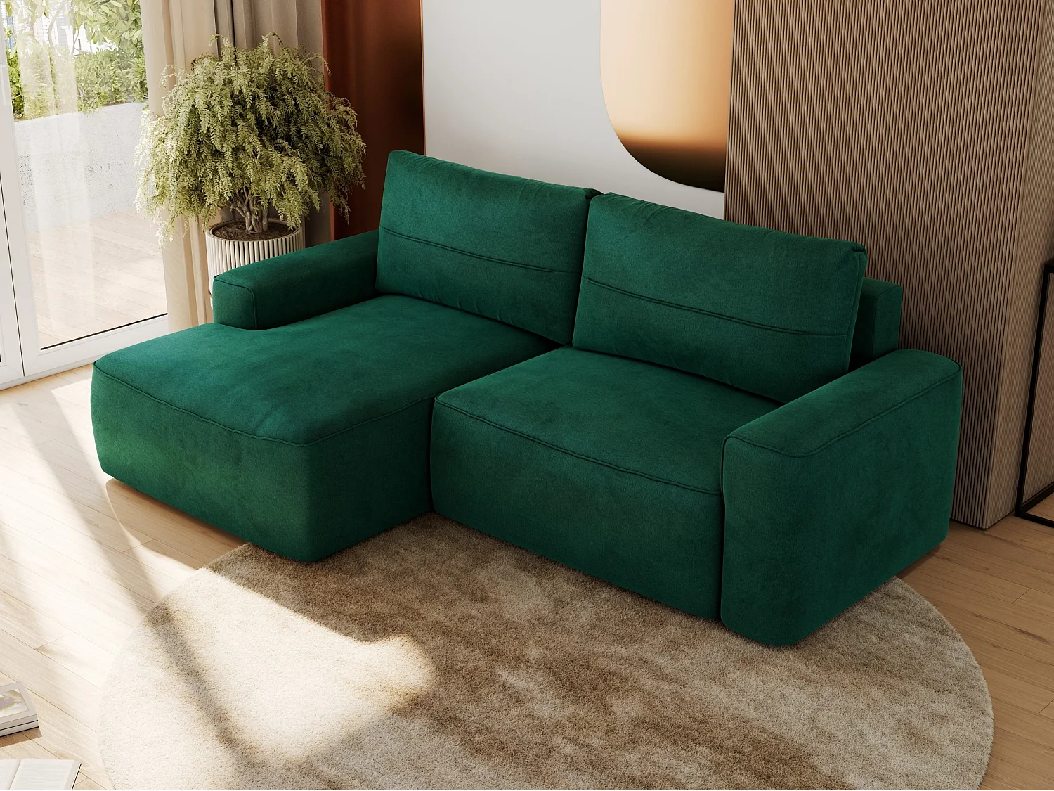 Ecksofa BELLUNO - Schlafsofa mit Bettkasten, Armlehnen, Couch L-form mit Schlaffunktion - Dunkelgrün Velvet - Ecke Links