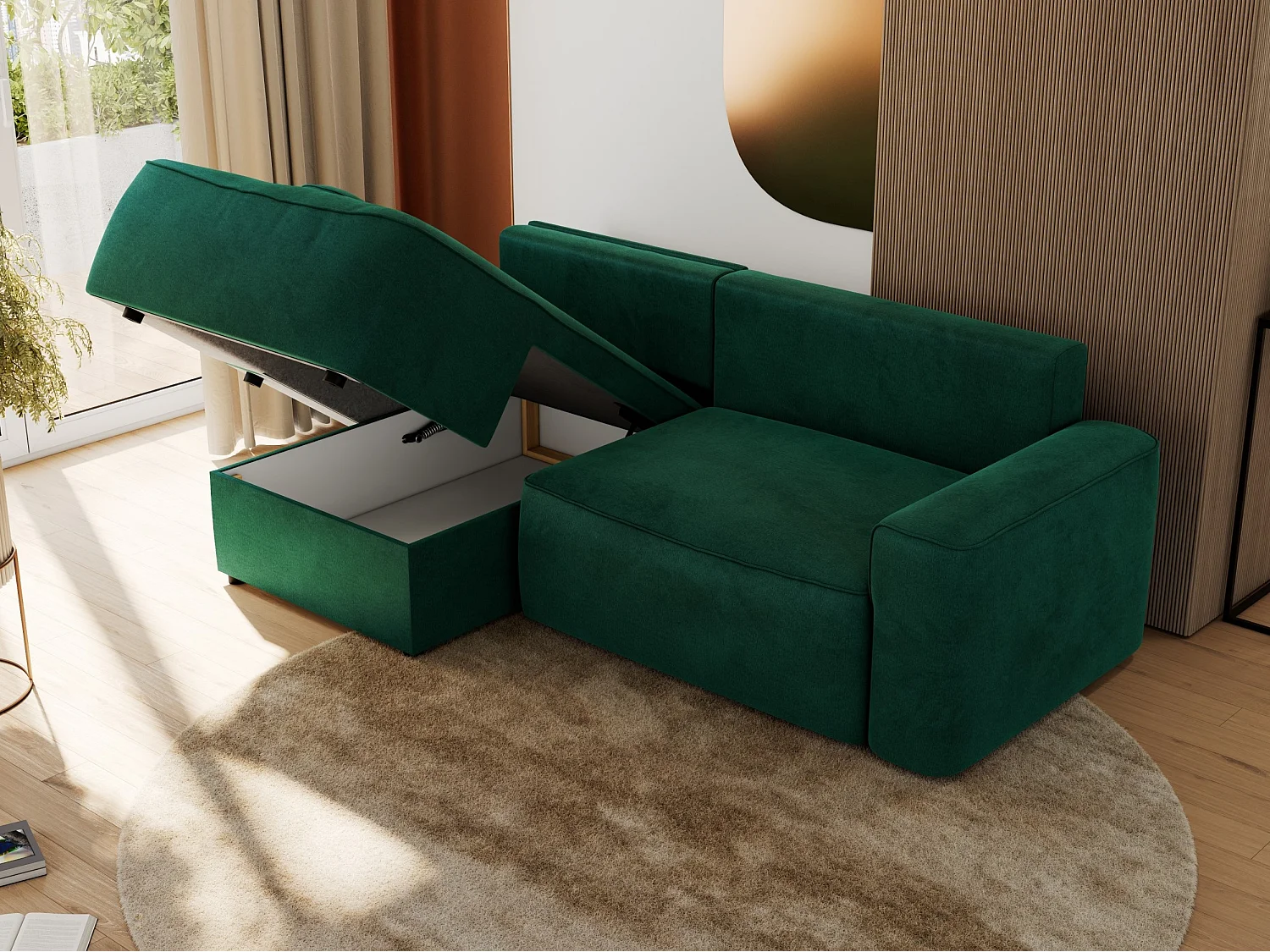 Ecksofa BELLUNO - Schlafsofa mit Bettkasten, Armlehnen, Couch L-form mit Schlaffunktion - Dunkelgrün Velvet - Ecke Links