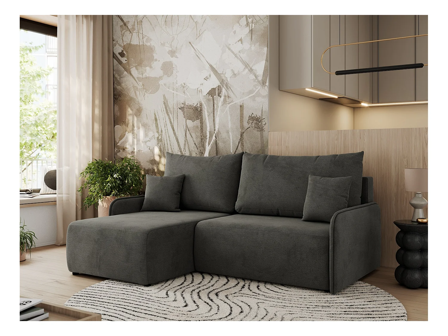 Ecksofa ARPA - L-form Schlaffsofa, Bettkasten und lose Kissen, Armlehnen - Dunkelgrau Velvet - Ecke Links