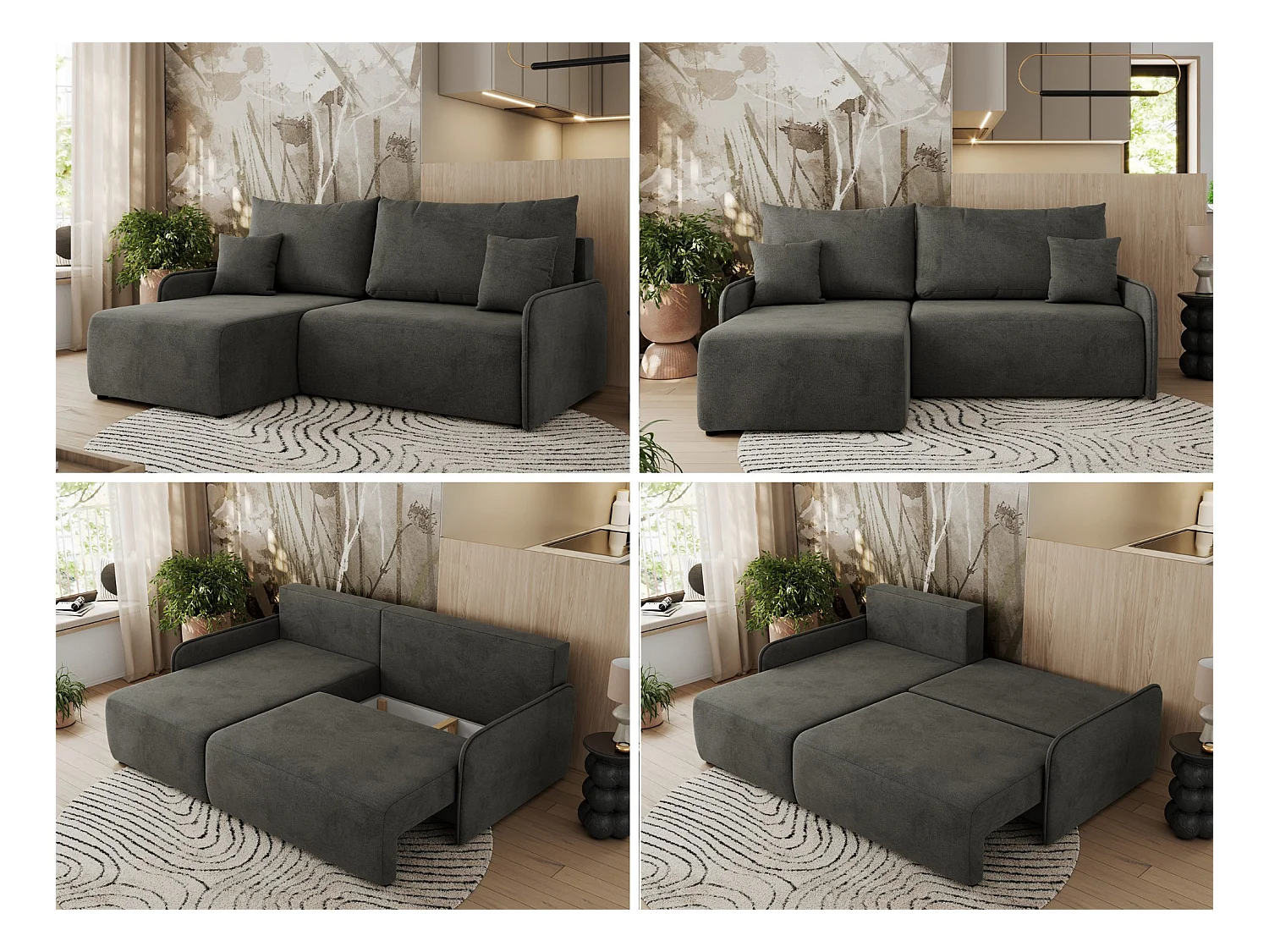 Ecksofa ARPA - L-form Schlaffsofa, Bettkasten und lose Kissen, Armlehnen - Dunkelgrau Velvet - Ecke Links