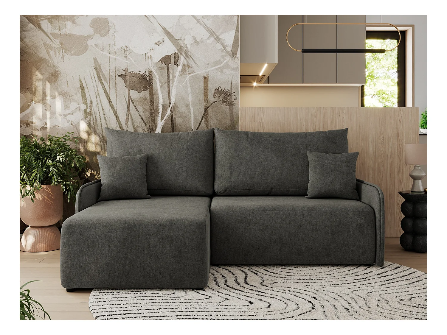 Ecksofa ARPA - L-form Schlaffsofa, Bettkasten und lose Kissen, Armlehnen - Dunkelgrau Velvet - Ecke Links