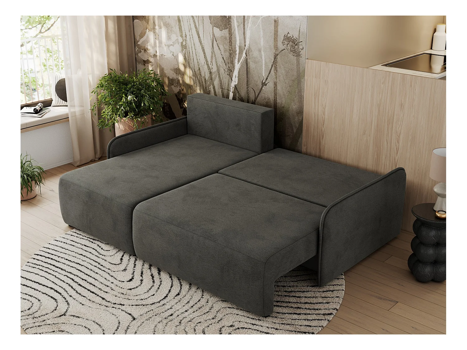 Ecksofa ARPA - L-form Schlaffsofa, Bettkasten und lose Kissen, Armlehnen - Dunkelgrau Velvet - Ecke Links