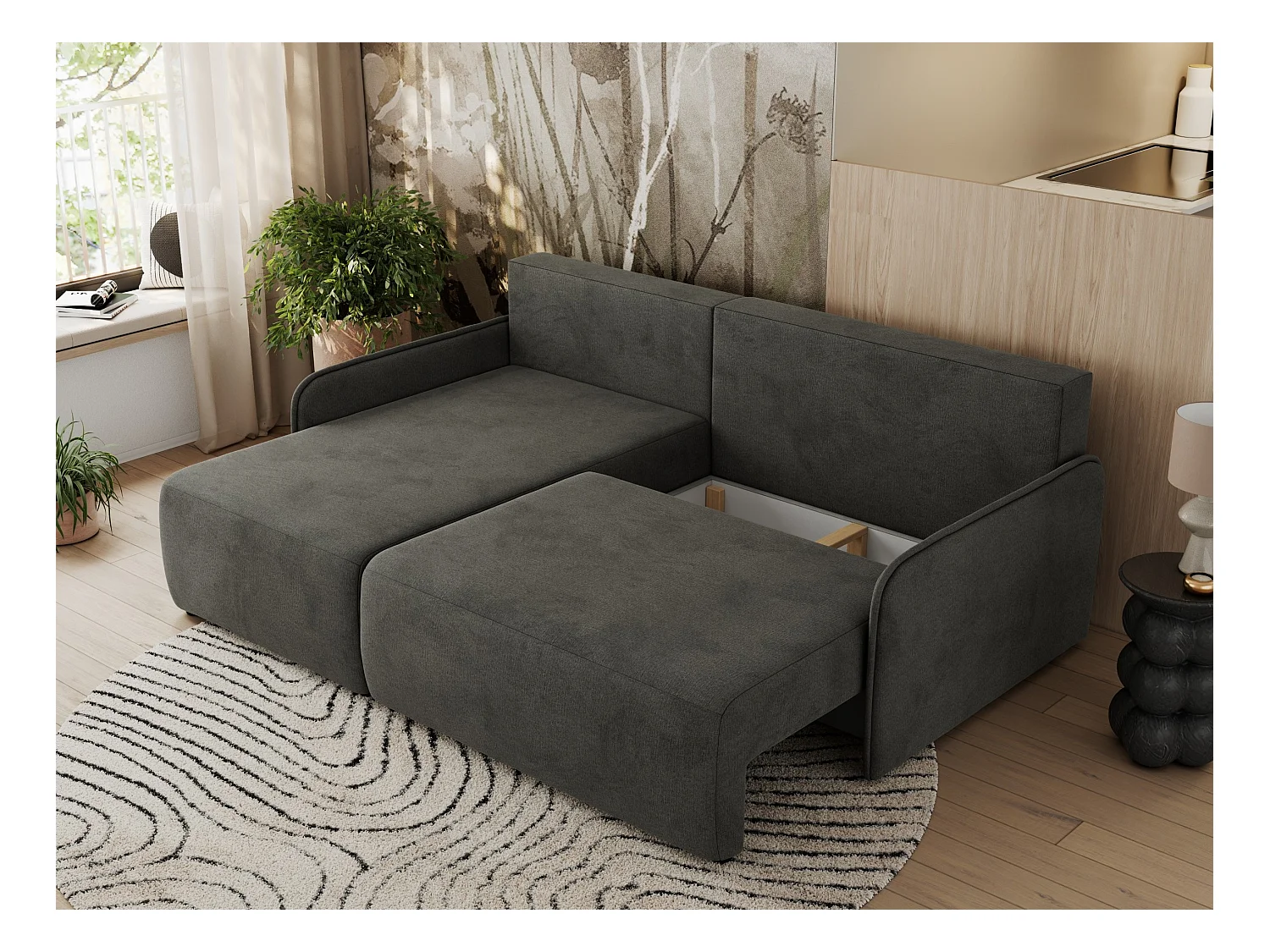 Ecksofa ARPA - L-form Schlaffsofa, Bettkasten und lose Kissen, Armlehnen - Dunkelgrau Velvet - Ecke Links