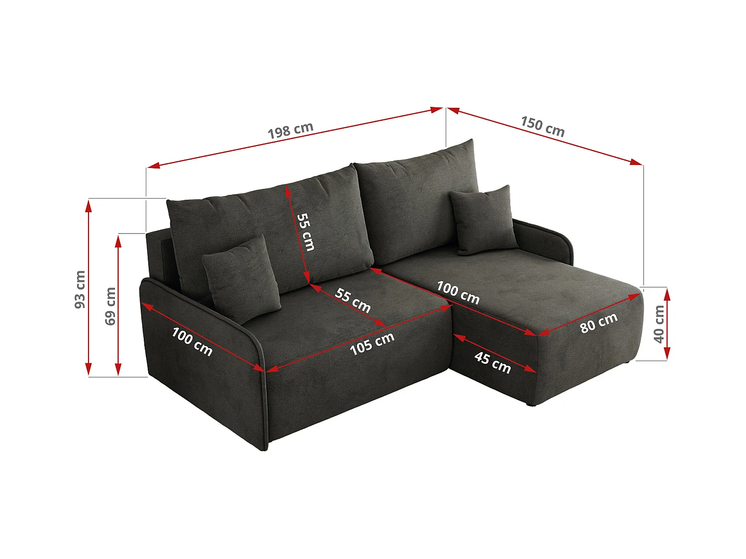 Ecksofa ARPA - L-form Schlaffsofa, Bettkasten und lose Kissen, Armlehnen - Dunkelgrau Velvet - Ecke Links
