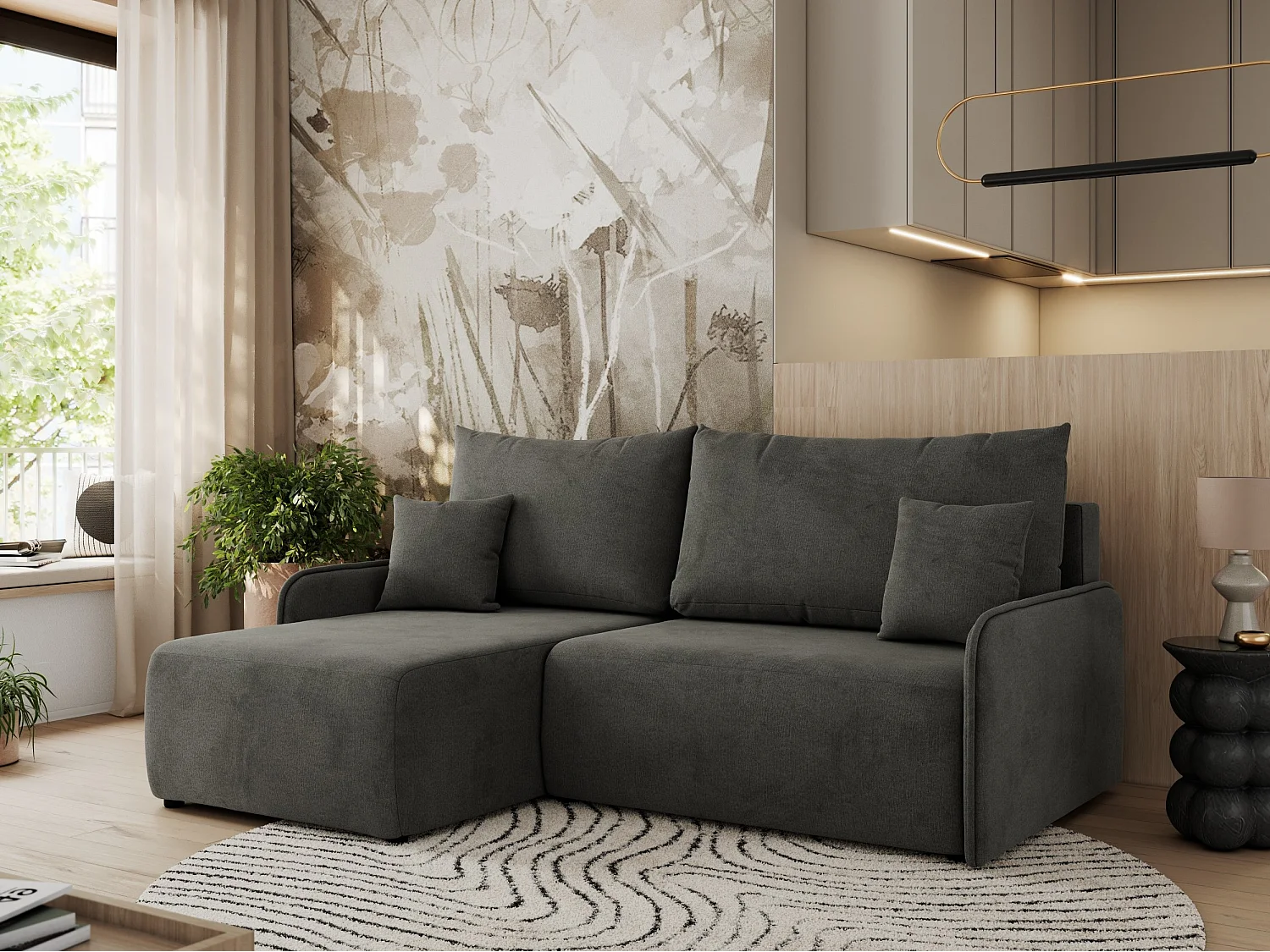 Ecksofa ARPA - L-form Schlaffsofa, Bettkasten und lose Kissen, Armlehnen - Dunkelgrau Velvet - Ecke Links