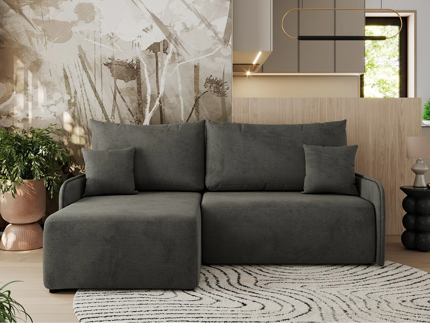 Ecksofa ARPA - L-form Schlaffsofa, Bettkasten und lose Kissen, Armlehnen - Dunkelgrau Velvet - Ecke Links