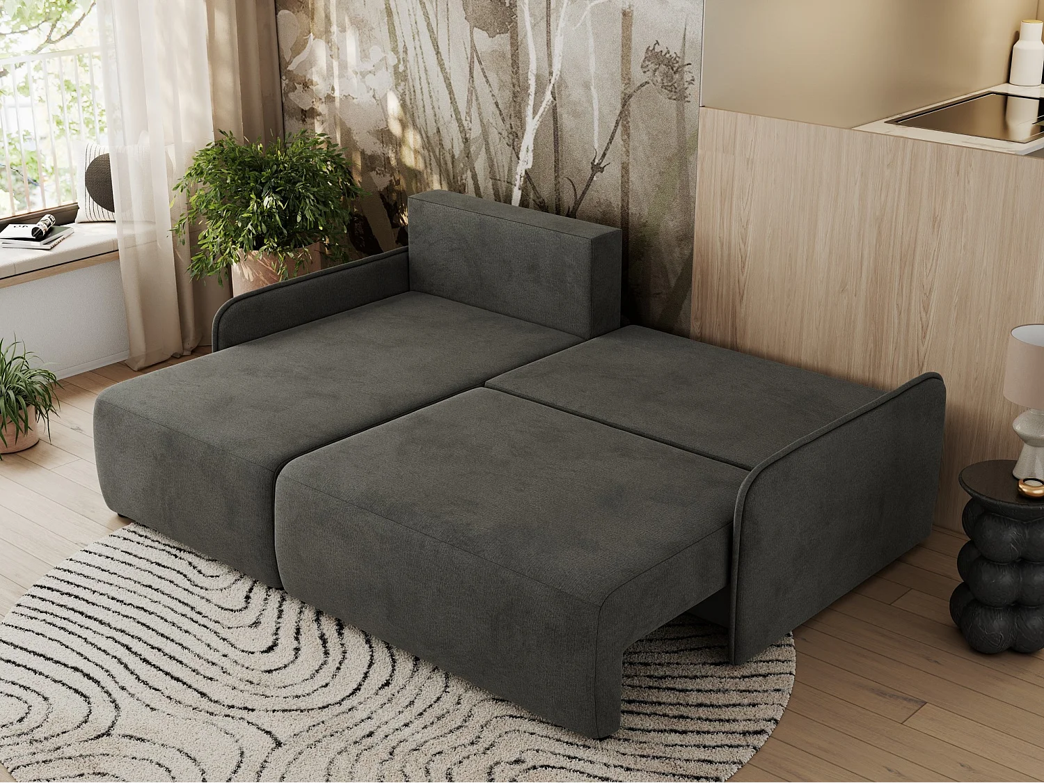 Ecksofa ARPA - L-form Schlaffsofa, Bettkasten und lose Kissen, Armlehnen - Dunkelgrau Velvet - Ecke Links