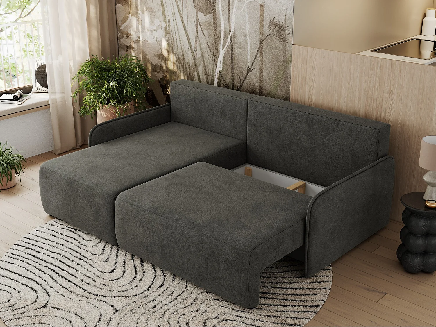 Ecksofa ARPA - L-form Schlaffsofa, Bettkasten und lose Kissen, Armlehnen - Dunkelgrau Velvet - Ecke Links