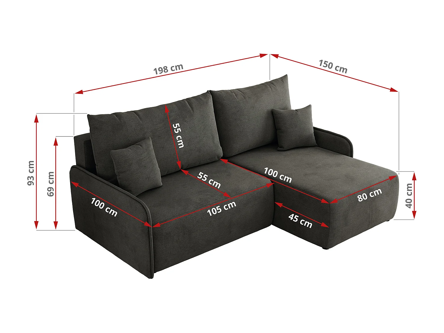 Ecksofa ARPA - L-form Schlaffsofa, Bettkasten und lose Kissen, Armlehnen - Dunkelgrau Velvet - Ecke Links