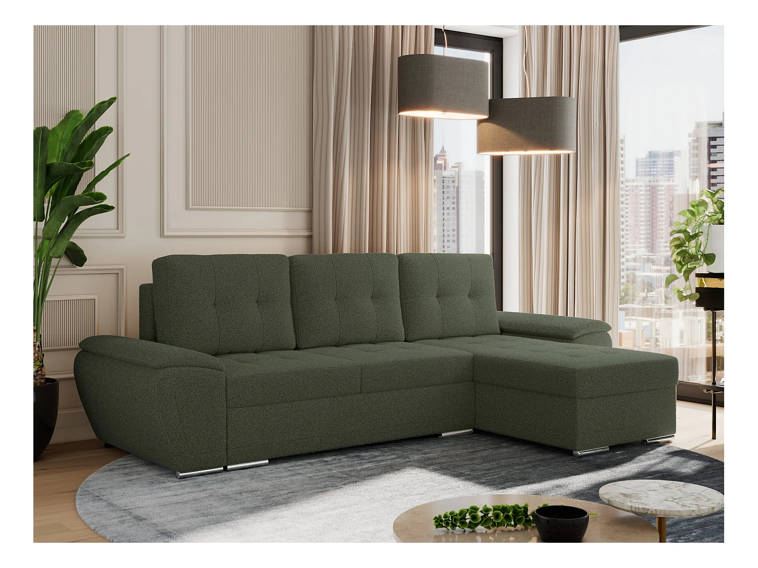 Ecksofa UMBRIA - universell L-form Couch, Schlaffunktion und Bettkasten, gesteppte Ecke - Grün Boucle