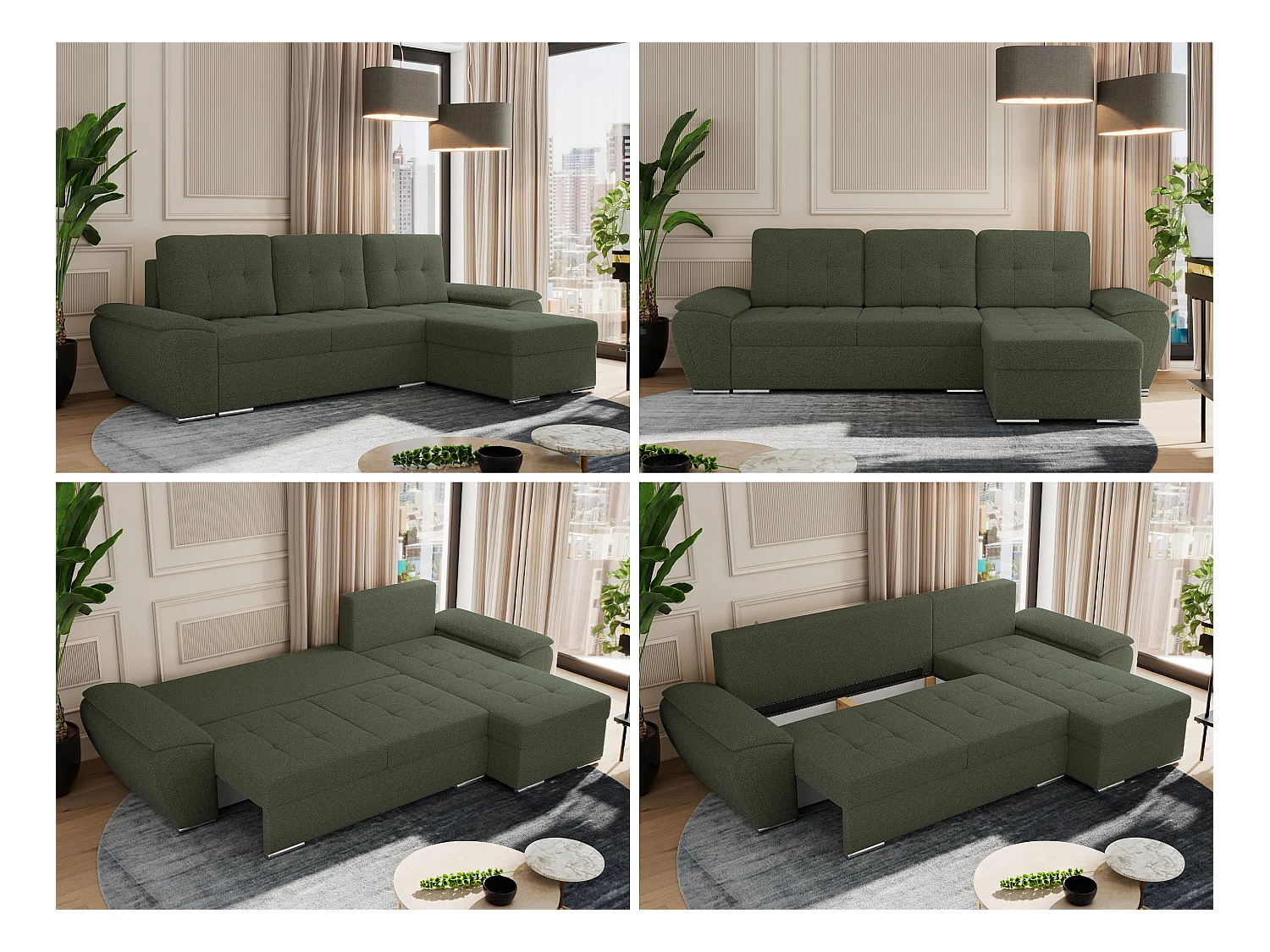 Ecksofa UMBRIA - universell L-form Couch, Schlaffunktion und Bettkasten, gesteppte Ecke - Grün Boucle