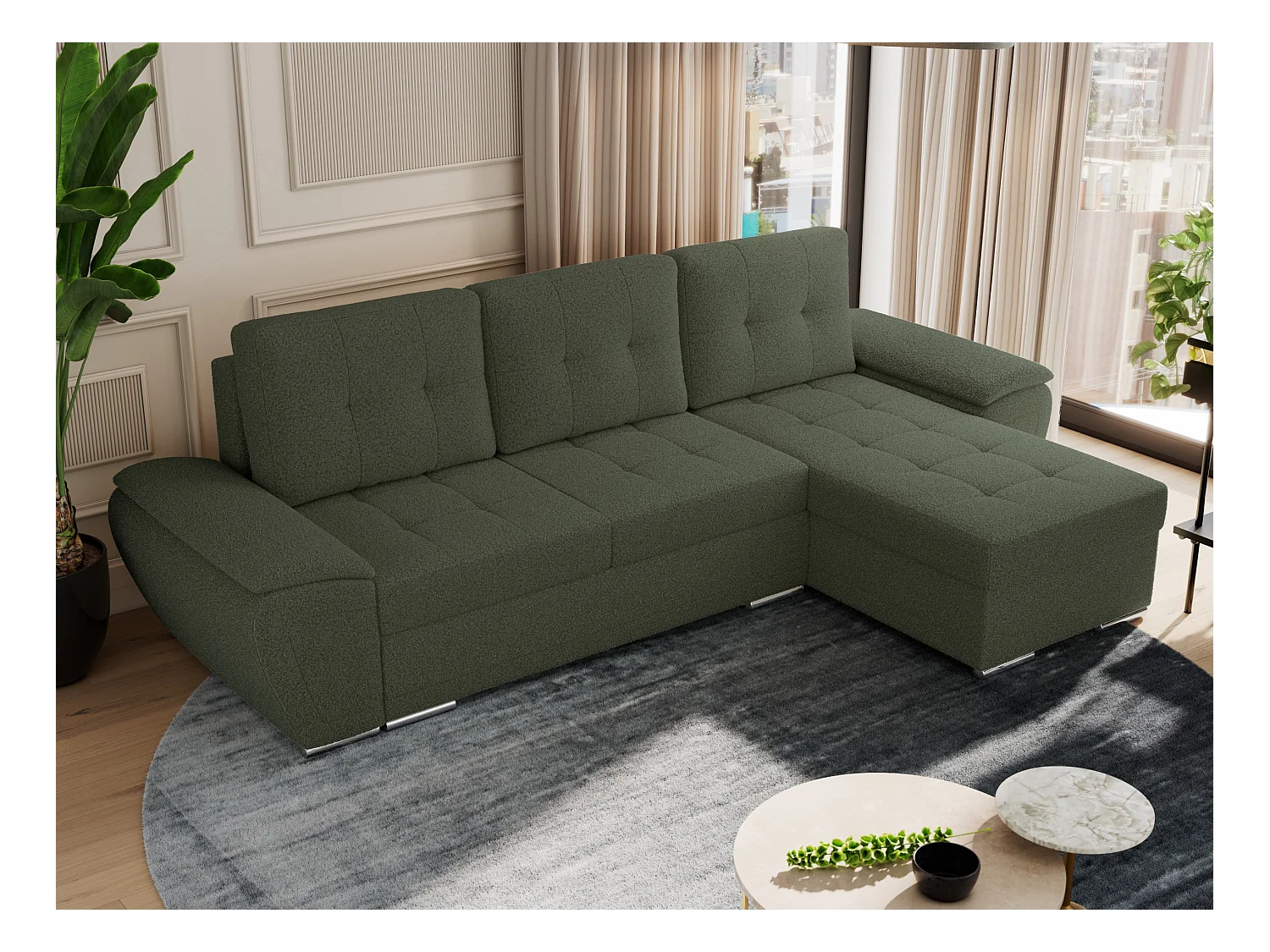 Ecksofa UMBRIA - universell L-form Couch, Schlaffunktion und Bettkasten, gesteppte Ecke - Grün Boucle