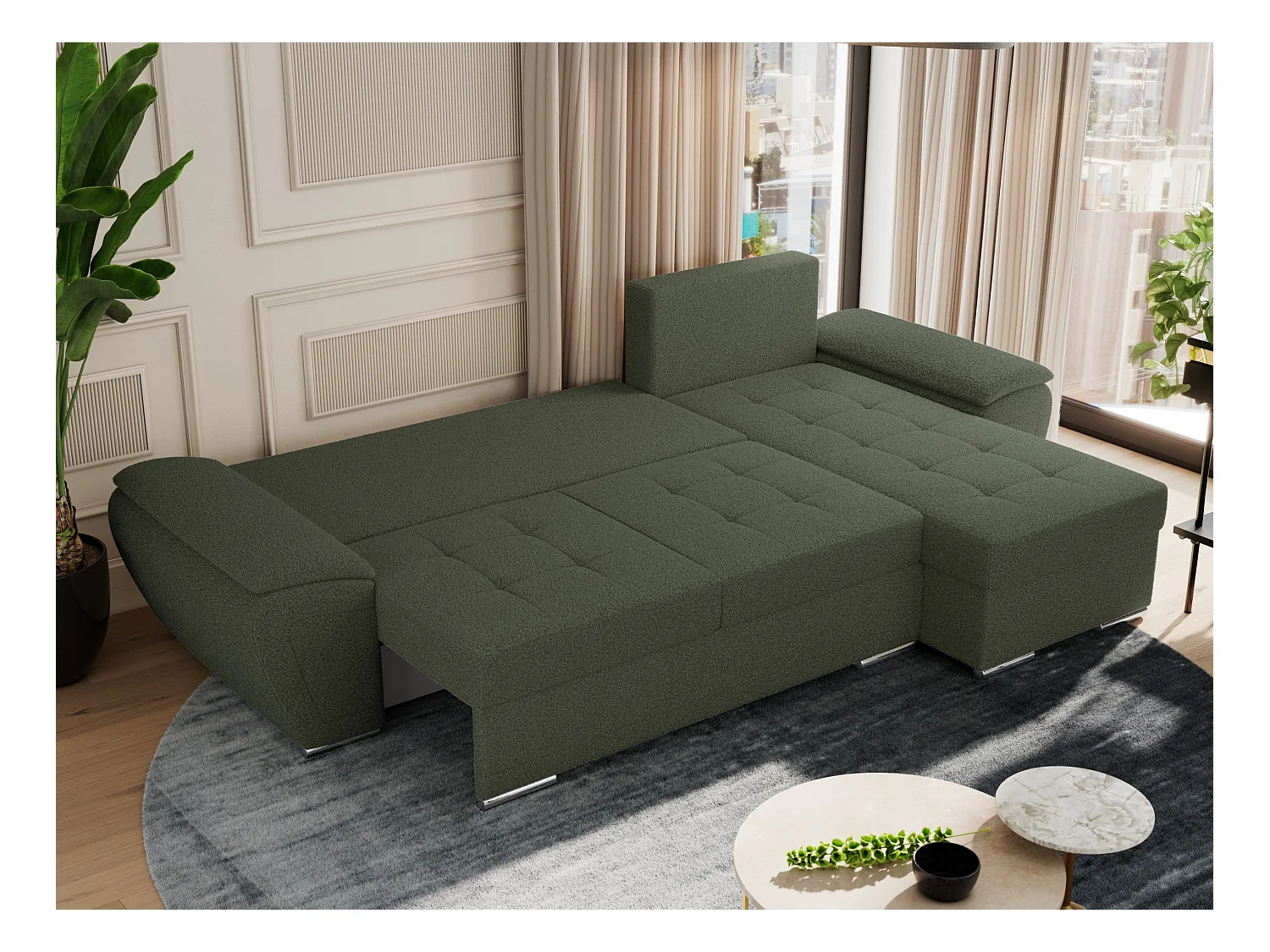 Ecksofa UMBRIA - universell L-form Couch, Schlaffunktion und Bettkasten, gesteppte Ecke - Grün Boucle