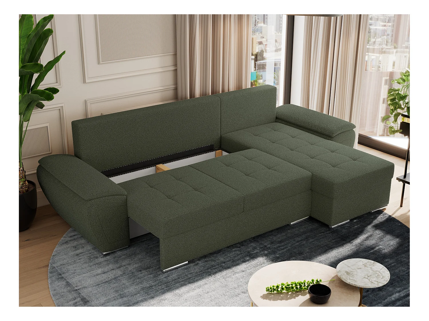 Ecksofa UMBRIA - universell L-form Couch, Schlaffunktion und Bettkasten, gesteppte Ecke - Grün Boucle