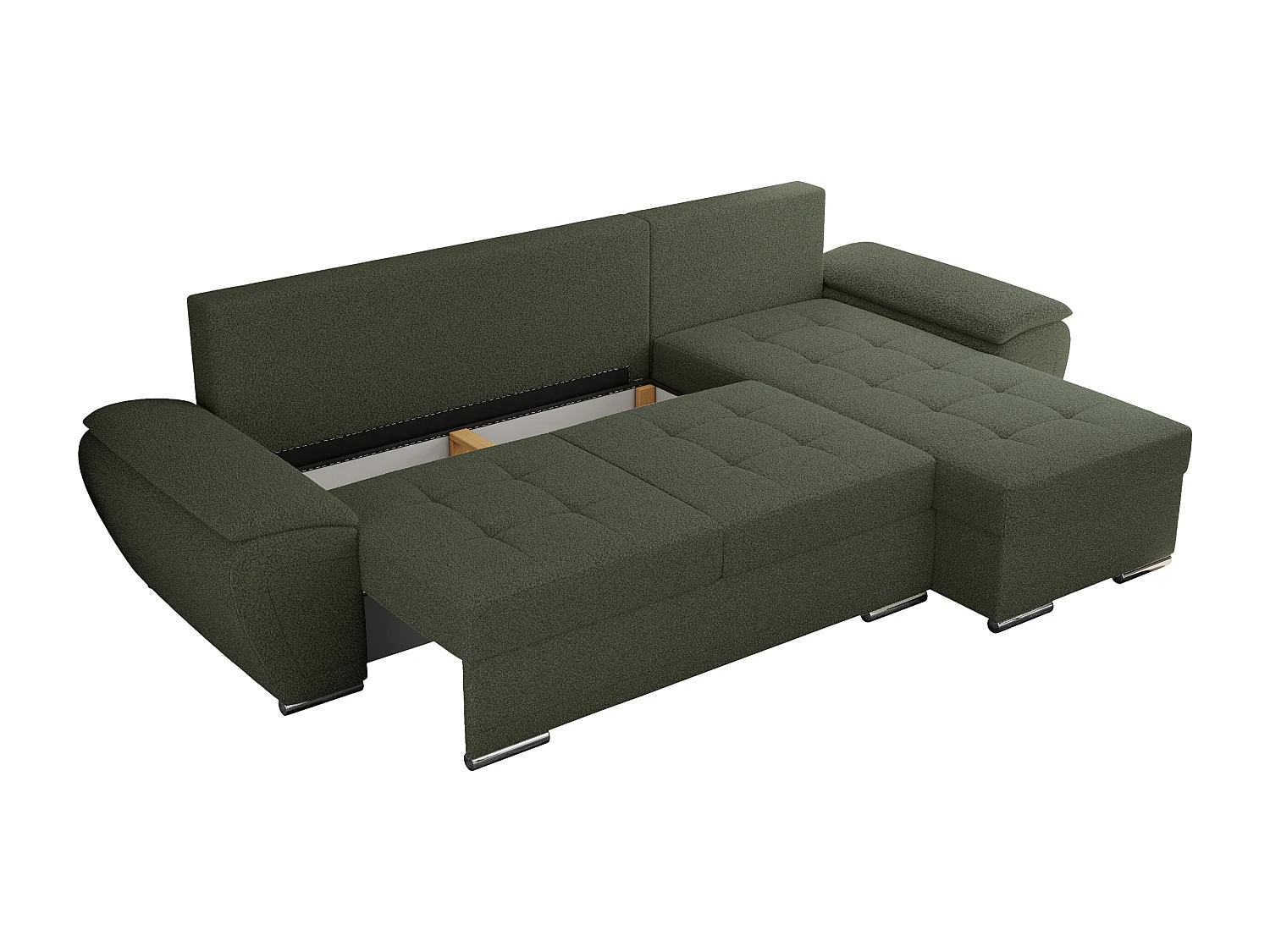Ecksofa UMBRIA - universell L-form Couch, Schlaffunktion und Bettkasten, gesteppte Ecke - Grün Boucle
