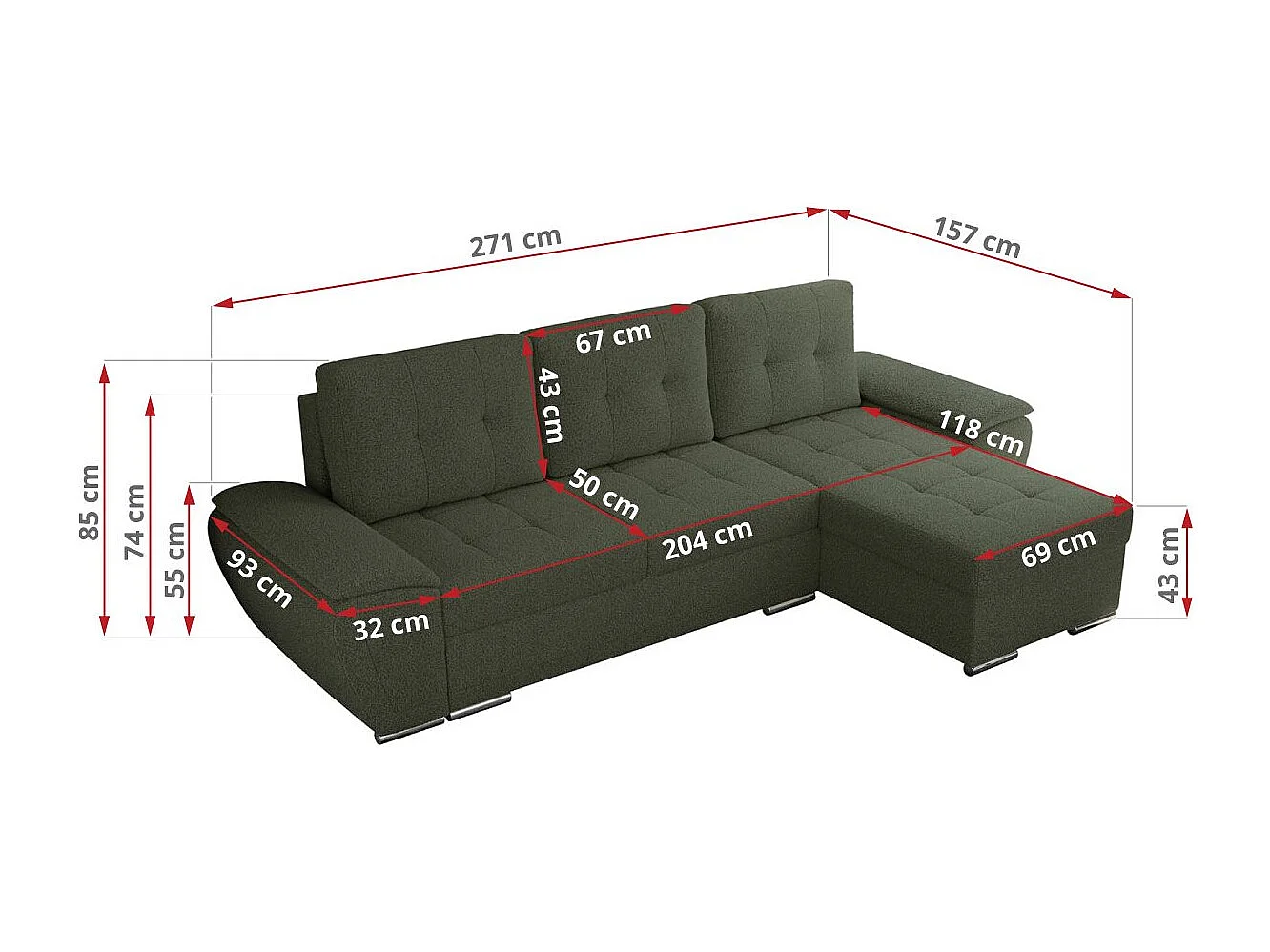 Ecksofa UMBRIA - universell L-form Couch, Schlaffunktion und Bettkasten, gesteppte Ecke - Grün Boucle