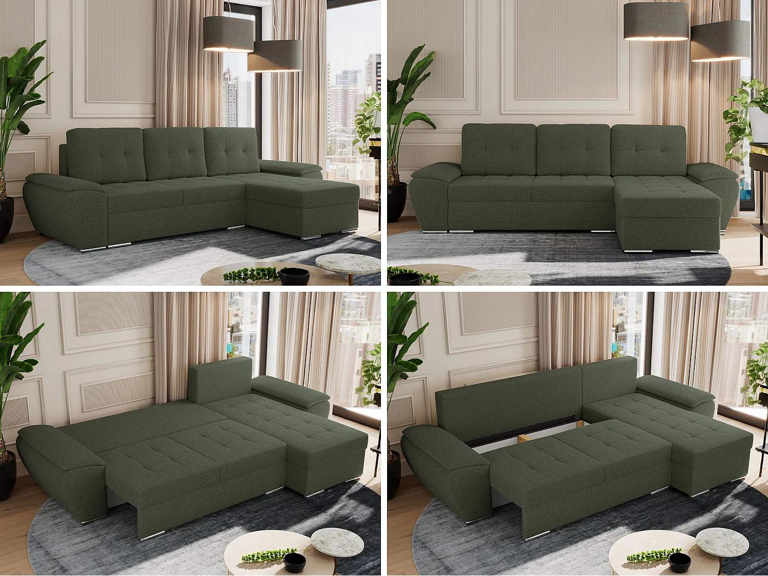 Ecksofa UMBRIA - universell L-form Couch, Schlaffunktion und Bettkasten, gesteppte Ecke - Grün Boucle