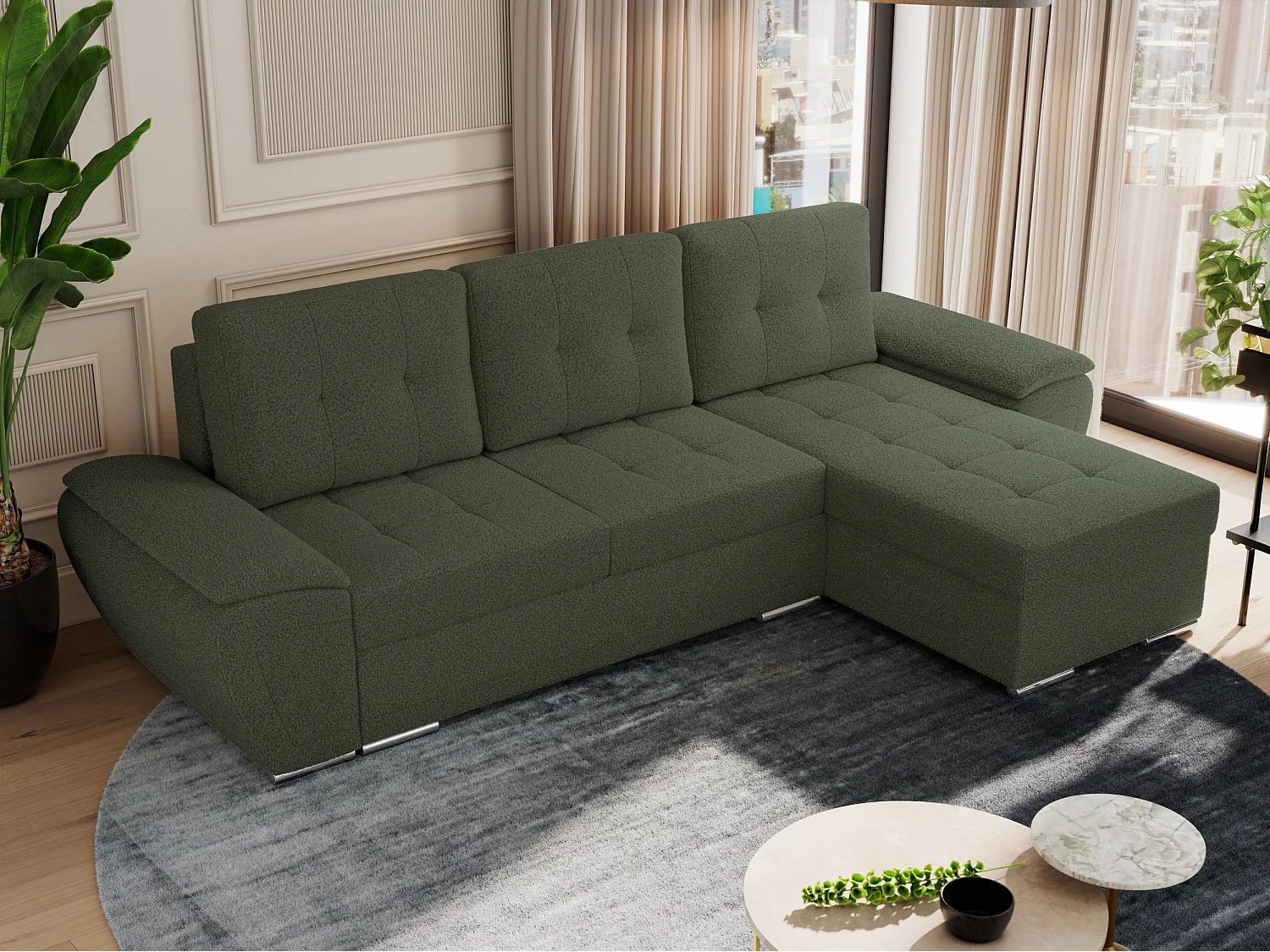 Ecksofa UMBRIA - universell L-form Couch, Schlaffunktion und Bettkasten, gesteppte Ecke - Grün Boucle