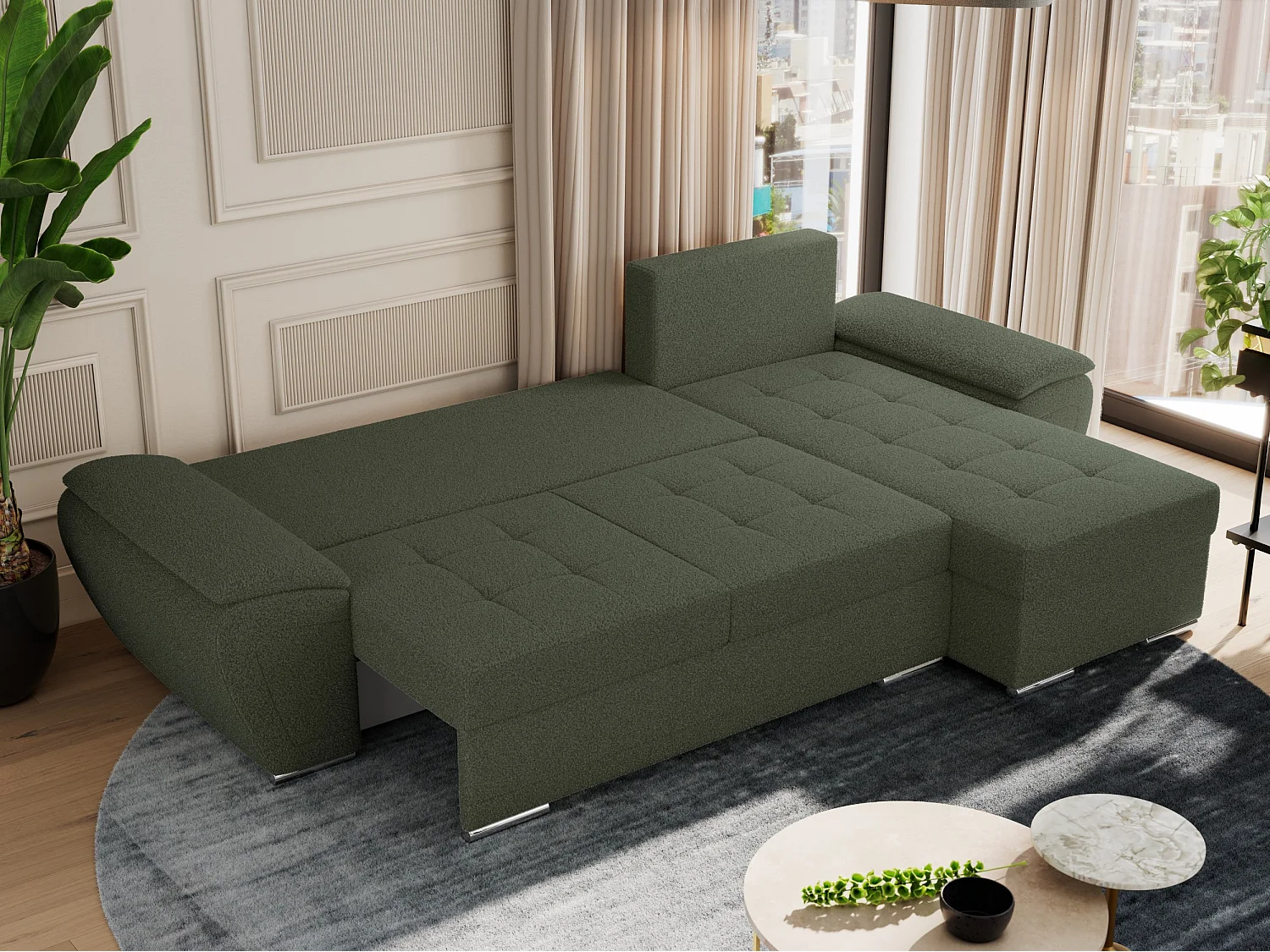 Ecksofa UMBRIA - universell L-form Couch, Schlaffunktion und Bettkasten, gesteppte Ecke - Grün Boucle