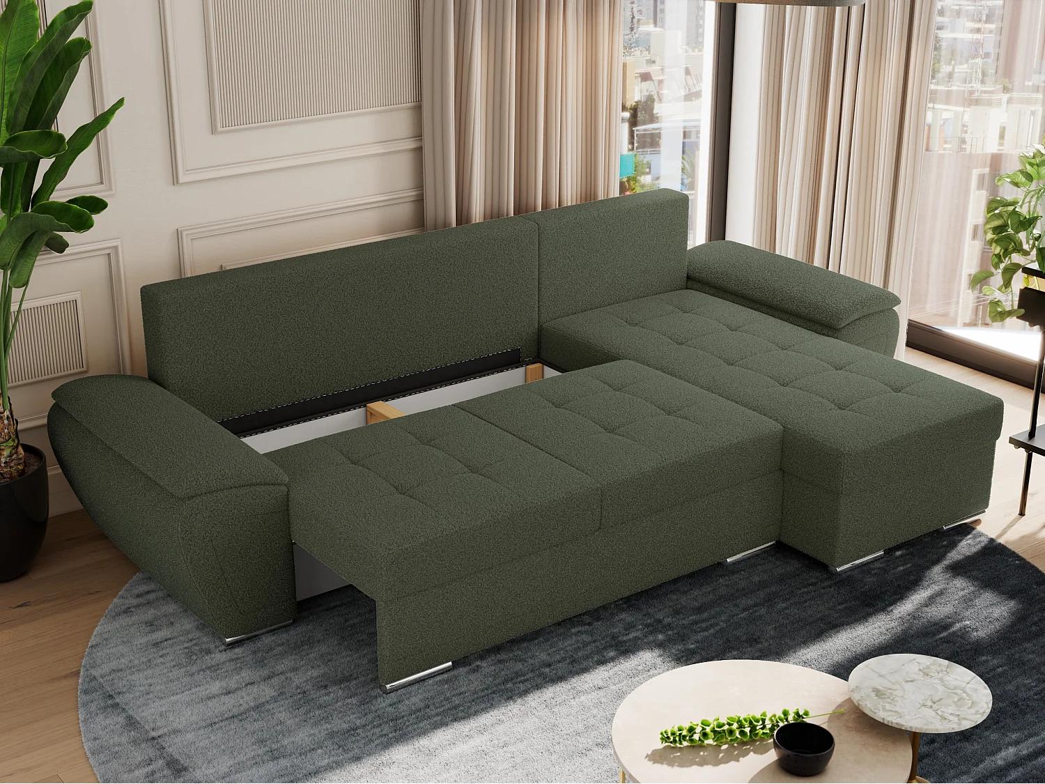 Ecksofa UMBRIA - universell L-form Couch, Schlaffunktion und Bettkasten, gesteppte Ecke - Grün Boucle