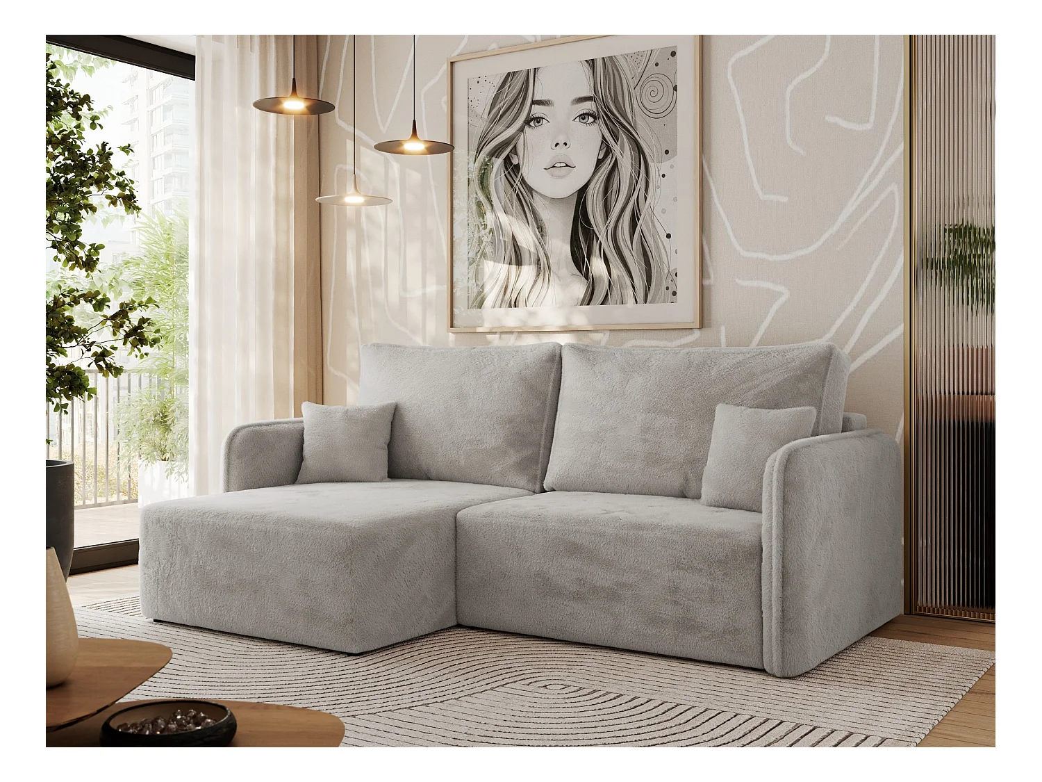 Ecksofa MESTO - Schlaffunktion und Bettkasten, L-form Couch für das Wohnzimmer, Armlehnen - Hellgrau Plüsch - Ecke Links