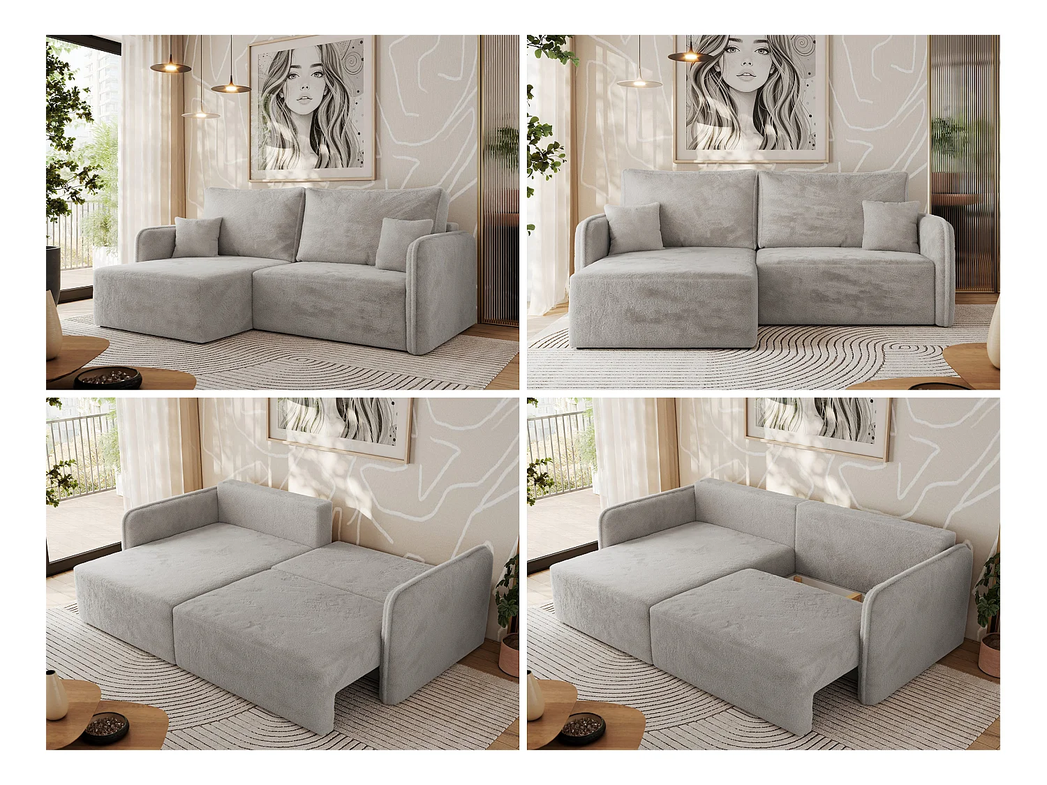 Ecksofa MESTO - Schlaffunktion und Bettkasten, L-form Couch für das Wohnzimmer, Armlehnen - Hellgrau Plüsch - Ecke Links