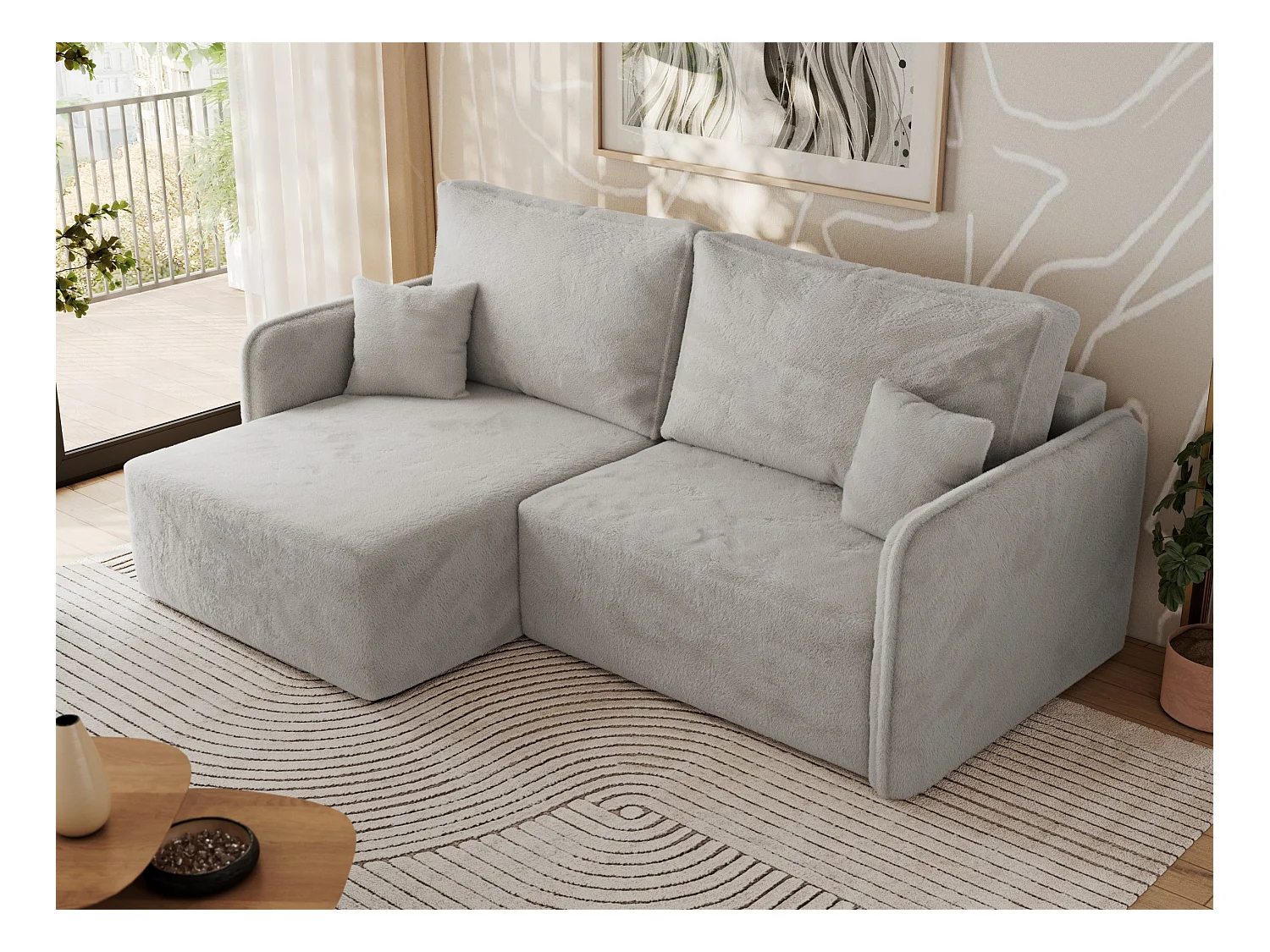 Ecksofa MESTO - Schlaffunktion und Bettkasten, L-form Couch für das Wohnzimmer, Armlehnen - Hellgrau Plüsch - Ecke Links