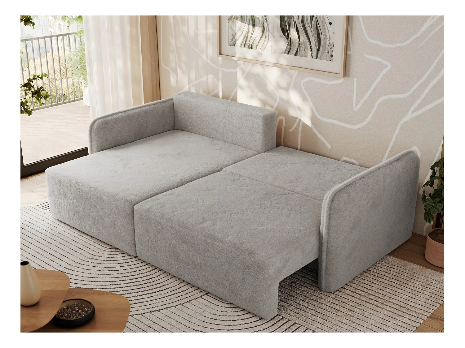 Ecksofa MESTO - Schlaffunktion und Bettkasten, L-form Couch für das Wohnzimmer, Armlehnen - Hellgrau Plüsch - Ecke Links