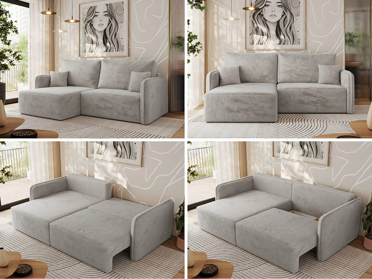 Ecksofa MESTO - Schlaffunktion und Bettkasten, L-form Couch für das Wohnzimmer, Armlehnen - Hellgrau Plüsch - Ecke Links