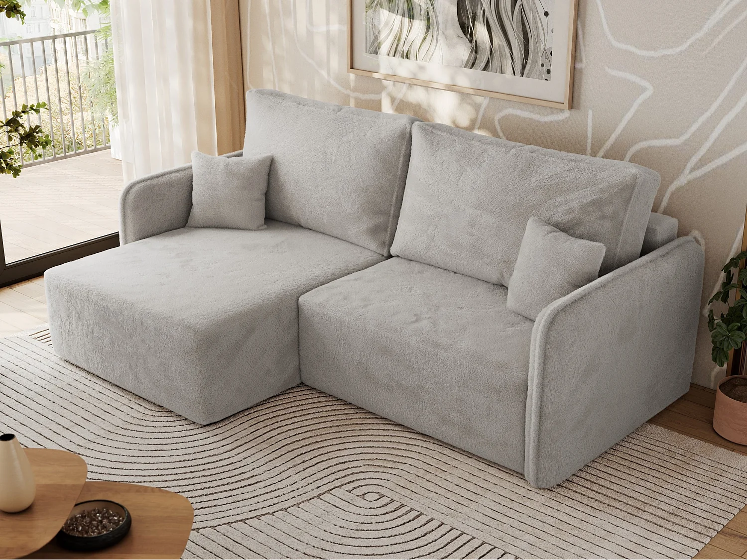 Ecksofa MESTO - Schlaffunktion und Bettkasten, L-form Couch für das Wohnzimmer, Armlehnen - Hellgrau Plüsch - Ecke Links