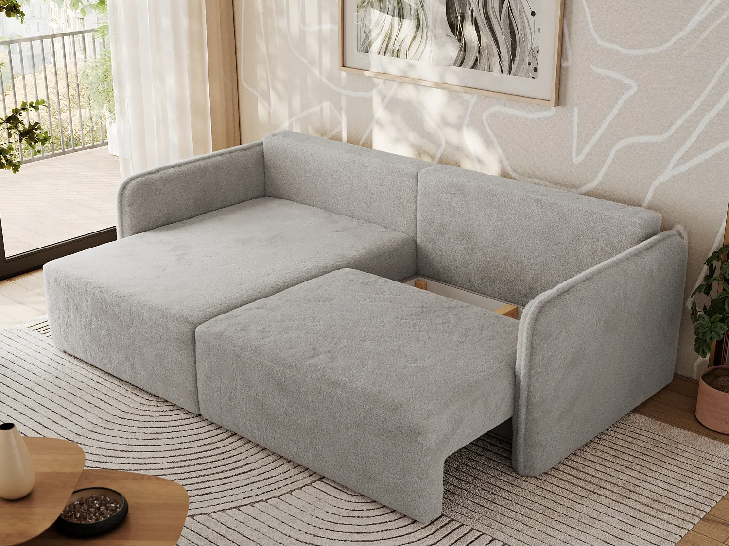 Ecksofa MESTO - Schlaffunktion und Bettkasten, L-form Couch für das Wohnzimmer, Armlehnen - Hellgrau Plüsch - Ecke Links