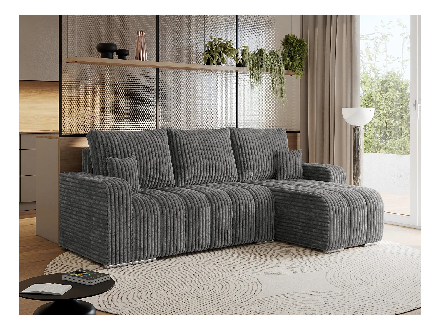 Ecksofa KIRASSO - universelles mit Schlaffunktion und Bettkasten, lose Kissen, Armlehnen - Dunkelgrau Cord