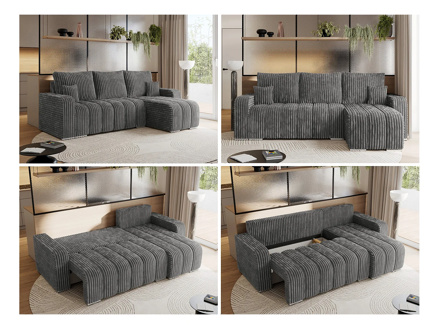 Ecksofa KIRASSO - universelles mit Schlaffunktion und Bettkasten, lose Kissen, Armlehnen - Dunkelgrau Cord