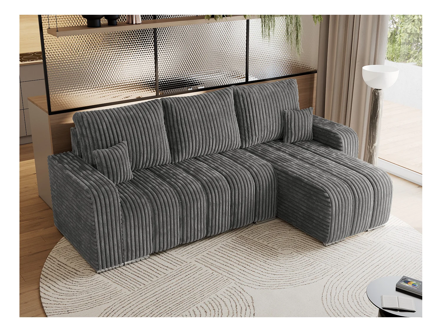 Ecksofa KIRASSO - universelles mit Schlaffunktion und Bettkasten, lose Kissen, Armlehnen - Dunkelgrau Cord