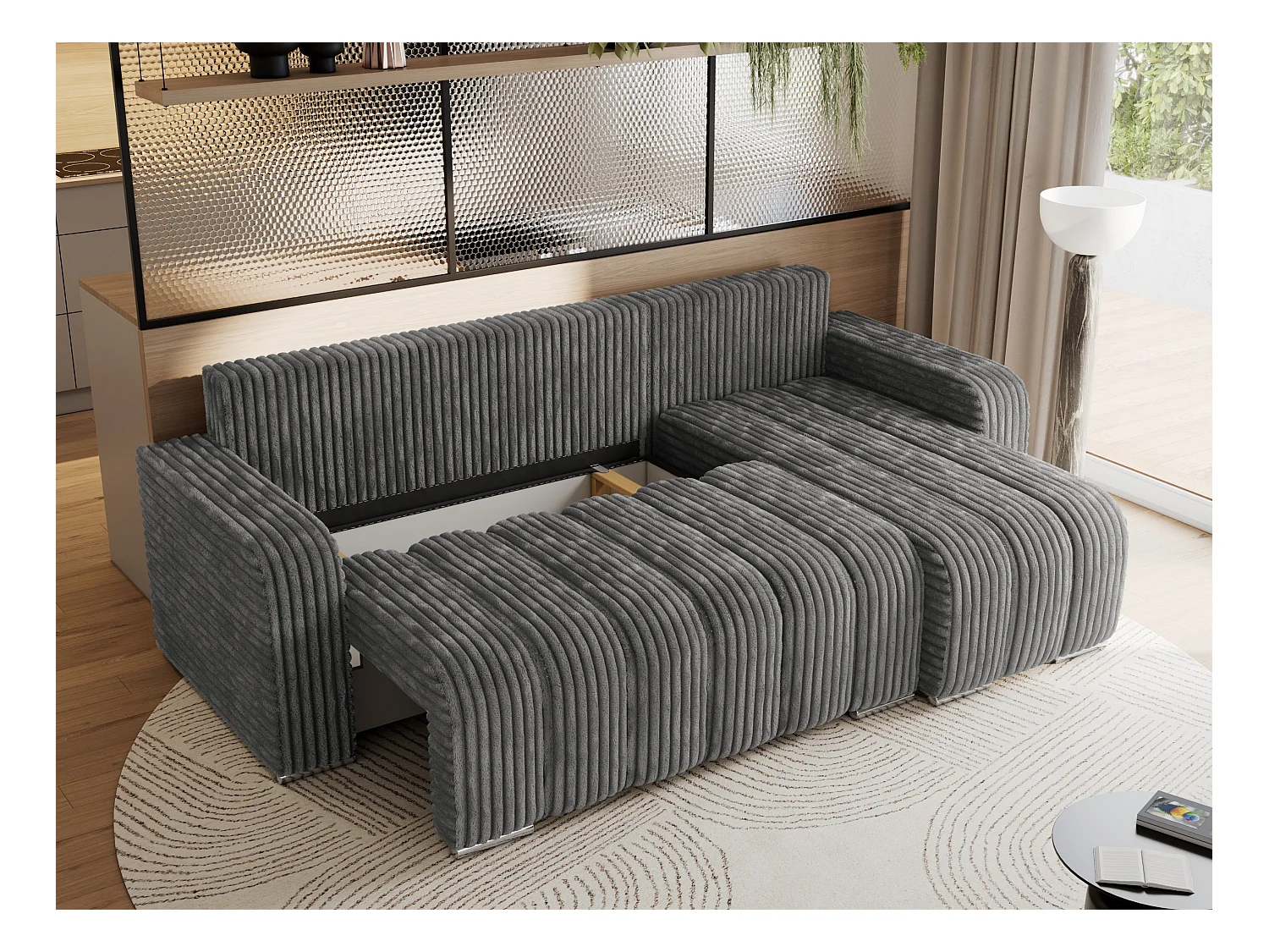 Ecksofa KIRASSO - universelles mit Schlaffunktion und Bettkasten, lose Kissen, Armlehnen - Dunkelgrau Cord