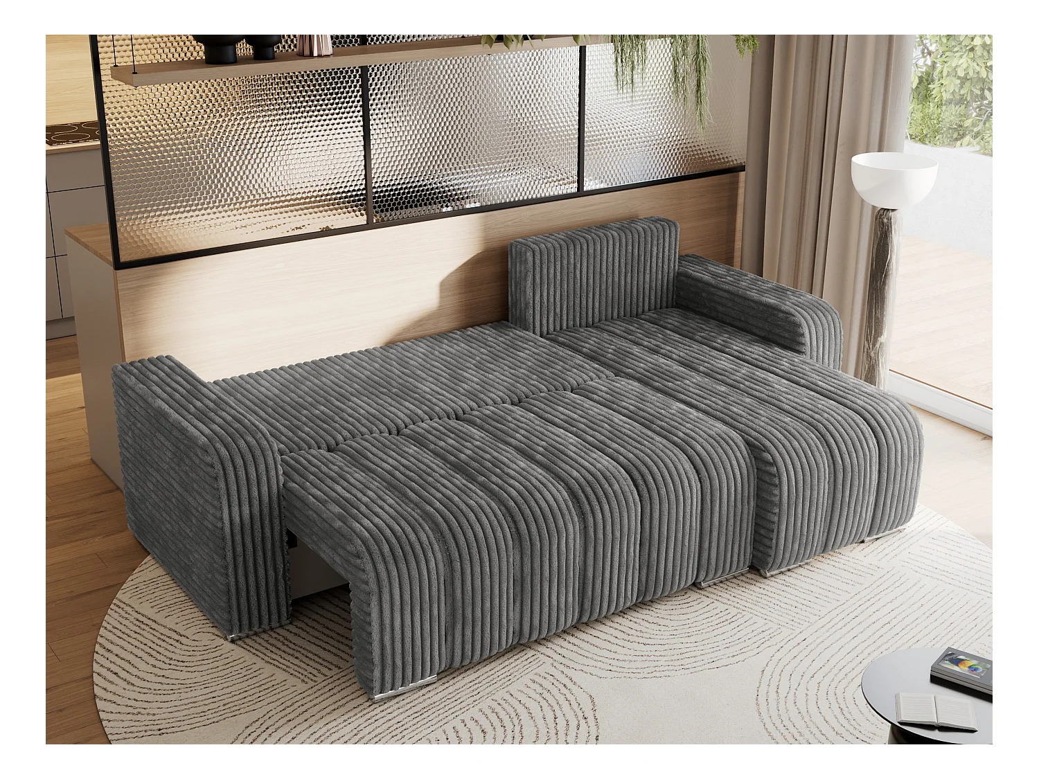 Ecksofa KIRASSO - universelles mit Schlaffunktion und Bettkasten, lose Kissen, Armlehnen - Dunkelgrau Cord