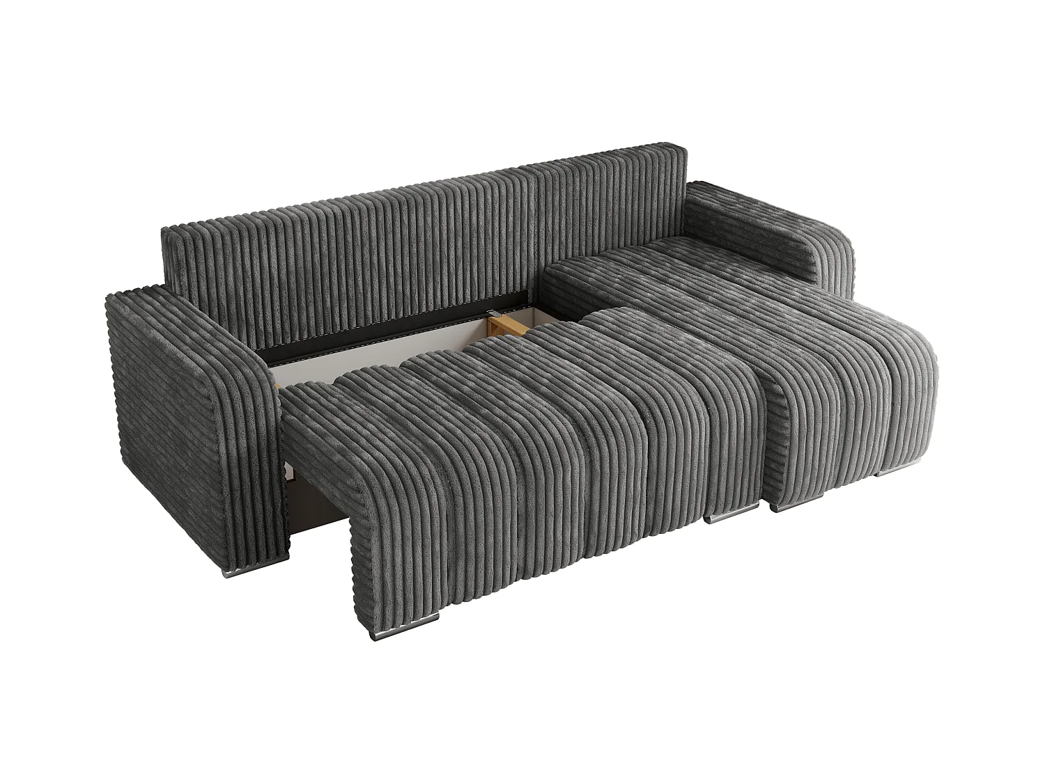 Ecksofa KIRASSO - universelles mit Schlaffunktion und Bettkasten, lose Kissen, Armlehnen - Dunkelgrau Cord