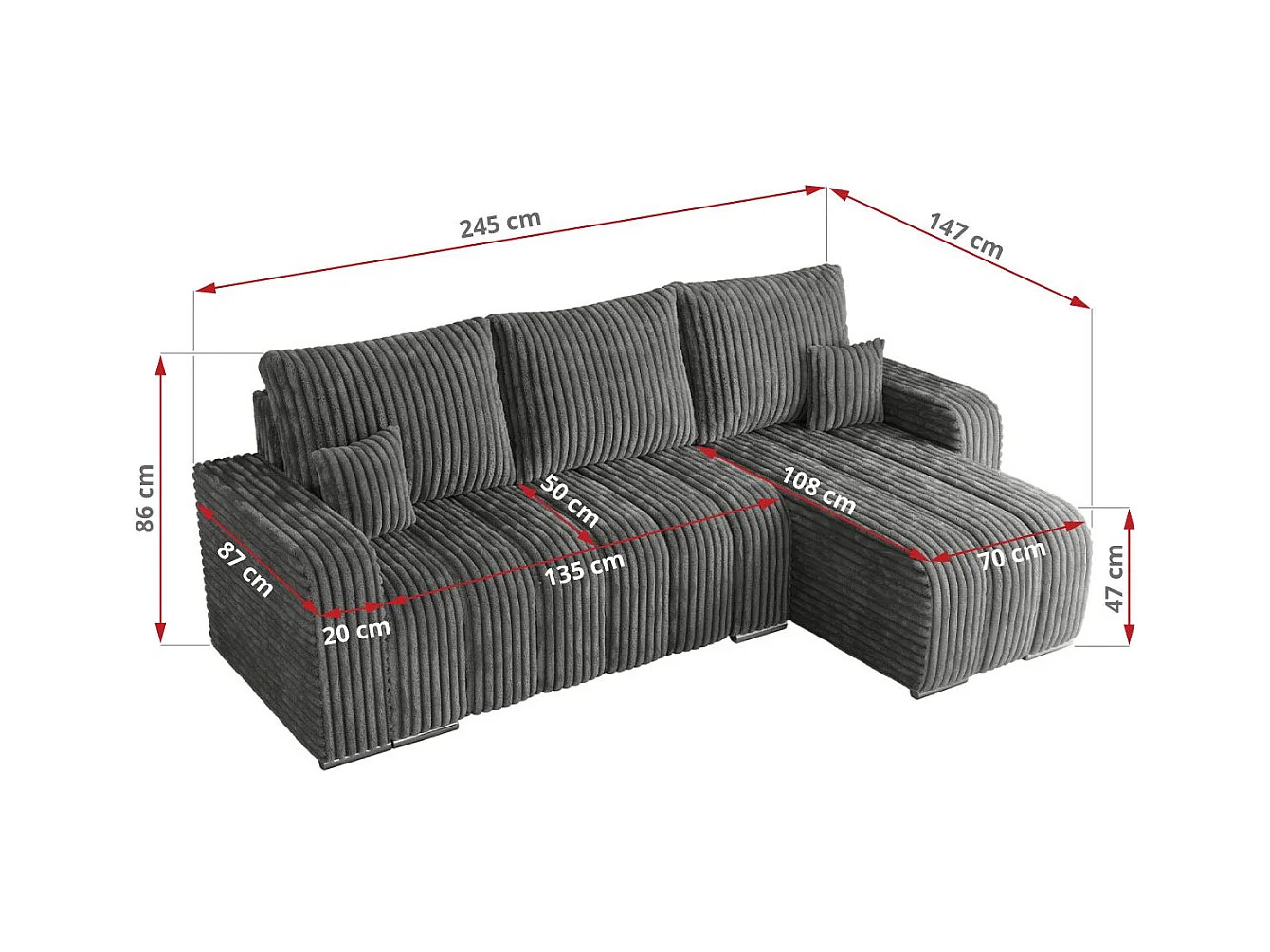 Ecksofa KIRASSO - universelles mit Schlaffunktion und Bettkasten, lose Kissen, Armlehnen - Dunkelgrau Cord